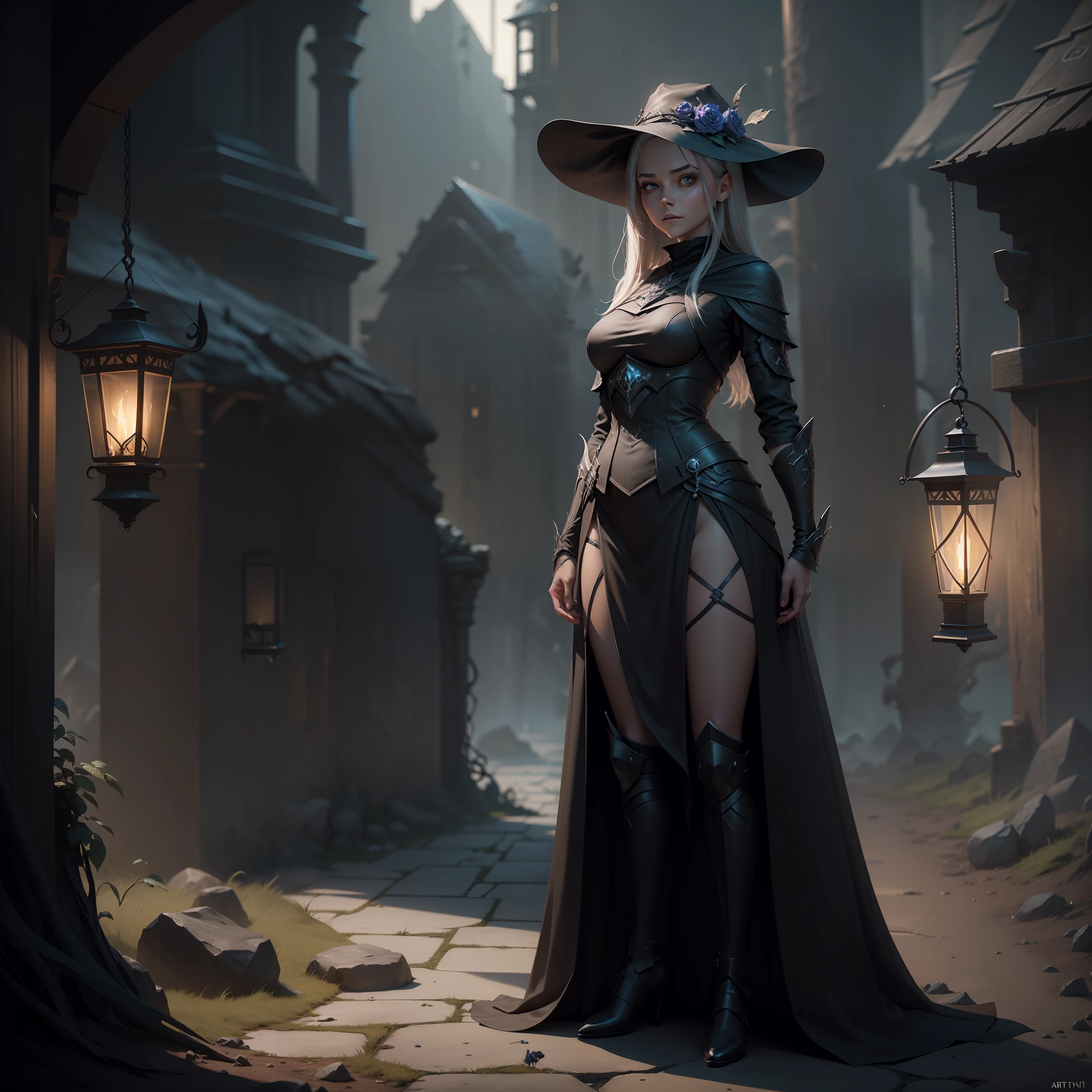 Full length portrait of a girl in a dark suit with a lantern in her hand, unreal engine fantasy art, 8k fantasy art, D&d trending on artstation, 4K fantasy art, an ominous fantasy illustration, epic fantasy game art, Dark fantasy concept art,