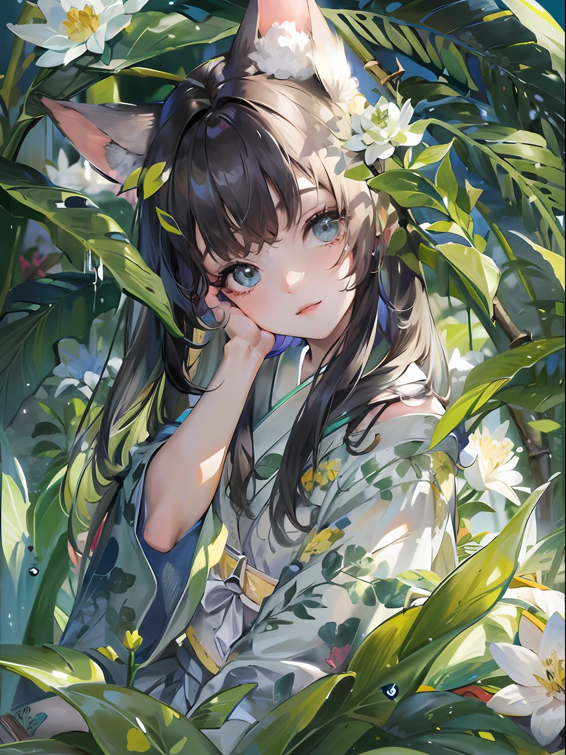 1girl, solo, beautiful detailed eyes, {{{masterpiece}}}, {{{best quality}}}, {{ultra-detailed}}, {illustration}, cinematic angle, {beautiful detailed eyes}, extremely detailed, detailed background, detailed face. full_moon, leaf, moon, plant, potted_plant, bamboo, palm_tree, butterfly, water, tanabata, branch, barefoot, night, lily_pad, tanzaku, soaking_feet, vines, solo, outdoors, tree, sitting, long black hair, wet, flower, smile, ivy, green_eyes, white kimono, lily_of_the_valley, sky, blue_butterfly, looking_at_viewer, palm_leaf, ((masterpiece,best quality)), beautiful detailed eyes, beautiful detailed face, fox ears