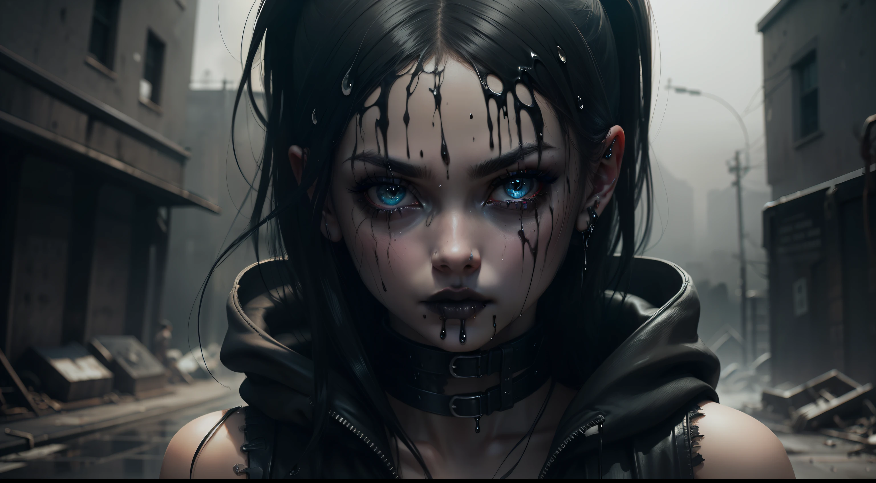 Metalhead girl with dripping black makeup staring at the camera, apocalyptic background, dark, creepy, ominous, cinematic.