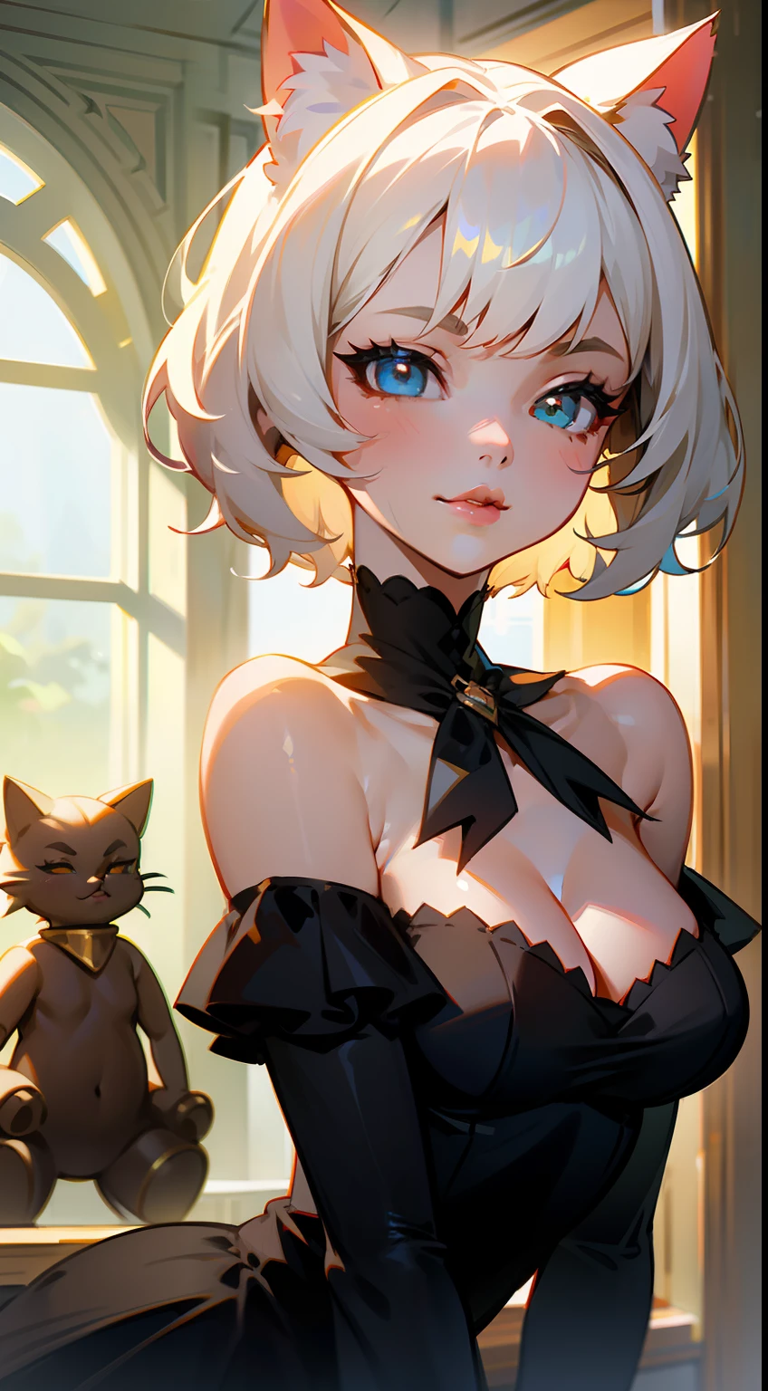 one-girl，(short white hair 1.2)，Cat ears，having fun，beast ear，fury，Thick lips，Off-the-shoulder attire，Tiny breasts，looks into camera，sportrait，closeup cleavage，Be red in the face，ssmile，Bedrooms，Study room，Greenery，doll