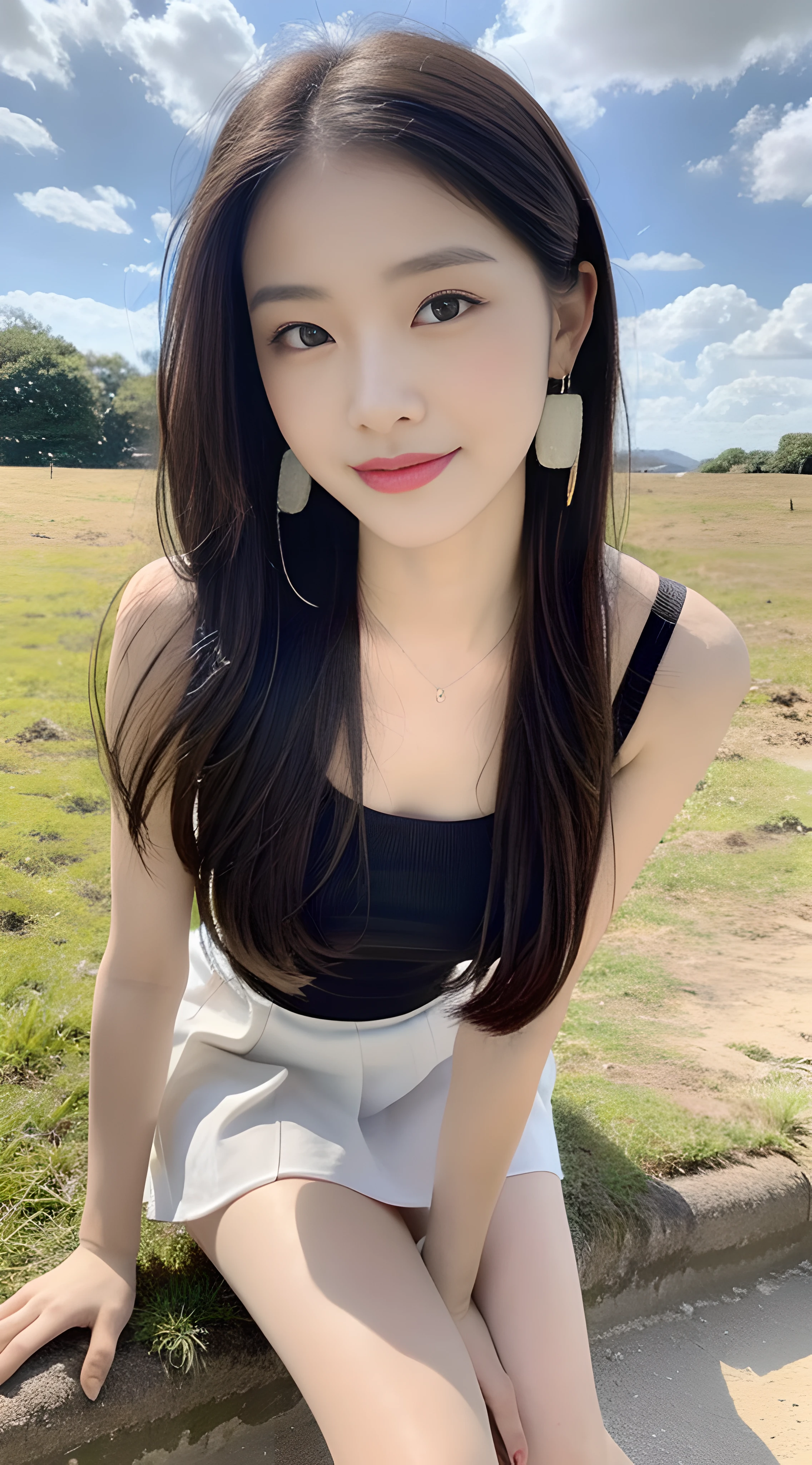 a young, Beautiful cute girl,Full body photo,Extremely beautiful and delicate,Black color hair,A sweet smile,Delicate and beautiful fair skin,Realistic and realistic,exquisite and complete facial features,Detailed depiction of the face,tall nose bridge,Smooth hair,extremely detail hair,Feminine temperament,Fill your face light,Tall and tall,Thin,Realiy,Hyper-realism,Platform sandals,full body shot shot,Forward tilt angle,Extreme picture quality,Highest precision,Precise and perfect human anatomy。with blue sky and white clouds,Sitting on the Steppe,with blue sky and white clouds,rays of sunshine,Cows, sheeps, (White chiffon skirt)Panties are clearly visible. (telephoto shot,)Express the landscape,Highlight portrait。Wearing earrings