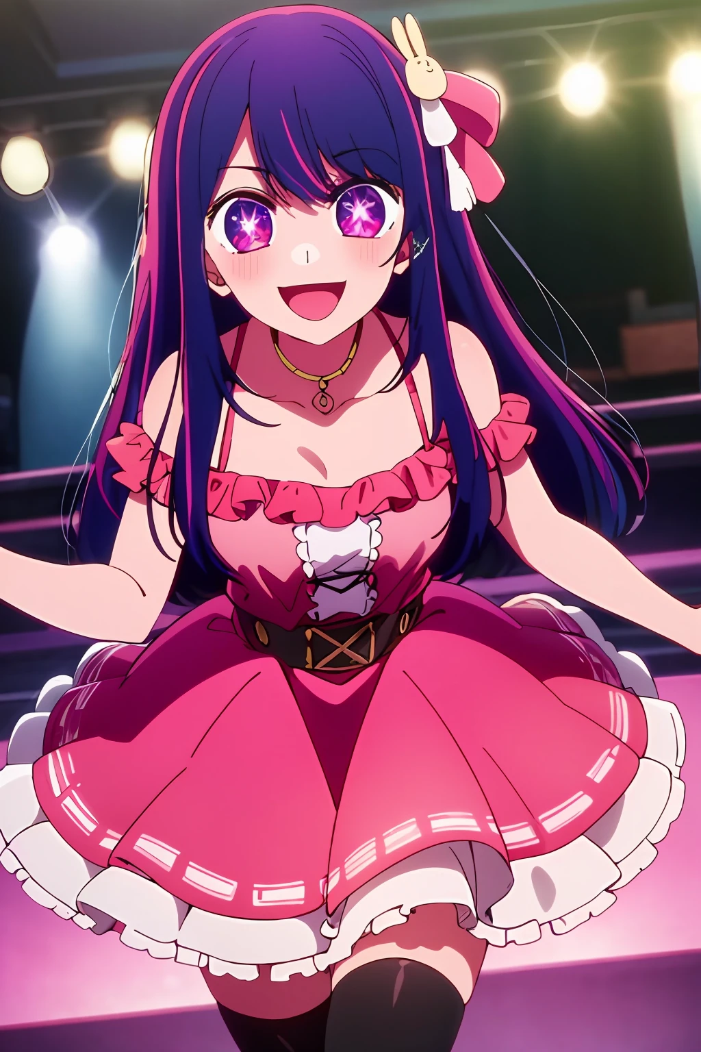 masterpiece、ighly detailed、(1 girl in:1.2)、purple color hair、pink dress、big eye、a closeup、a smile、8K、Ai Hoshino、Live performance venue