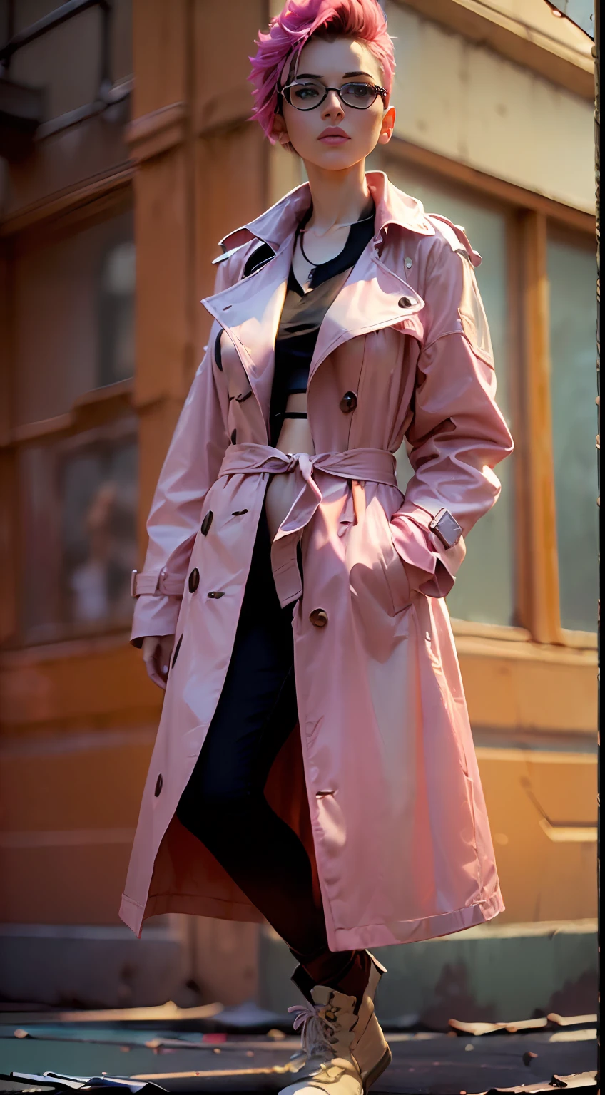 (
(Character: one french woman, slim body, slim waist, pink shaved sides haircut )
(Clothing: pink trench coat, black leather pants, boots, glasses)
(Pose: full body shot:1.7)
(Posing against a city street at night)
(Abstract colors, texture, film grain, analog style, cinematic movie still frame, pink color scheme)
(Style: ((masterpiece:1.5)), (face detailed), photo-realistic:1.3, hyperrealistic, film grain, realistic lighting, backlighting:1.3)
)