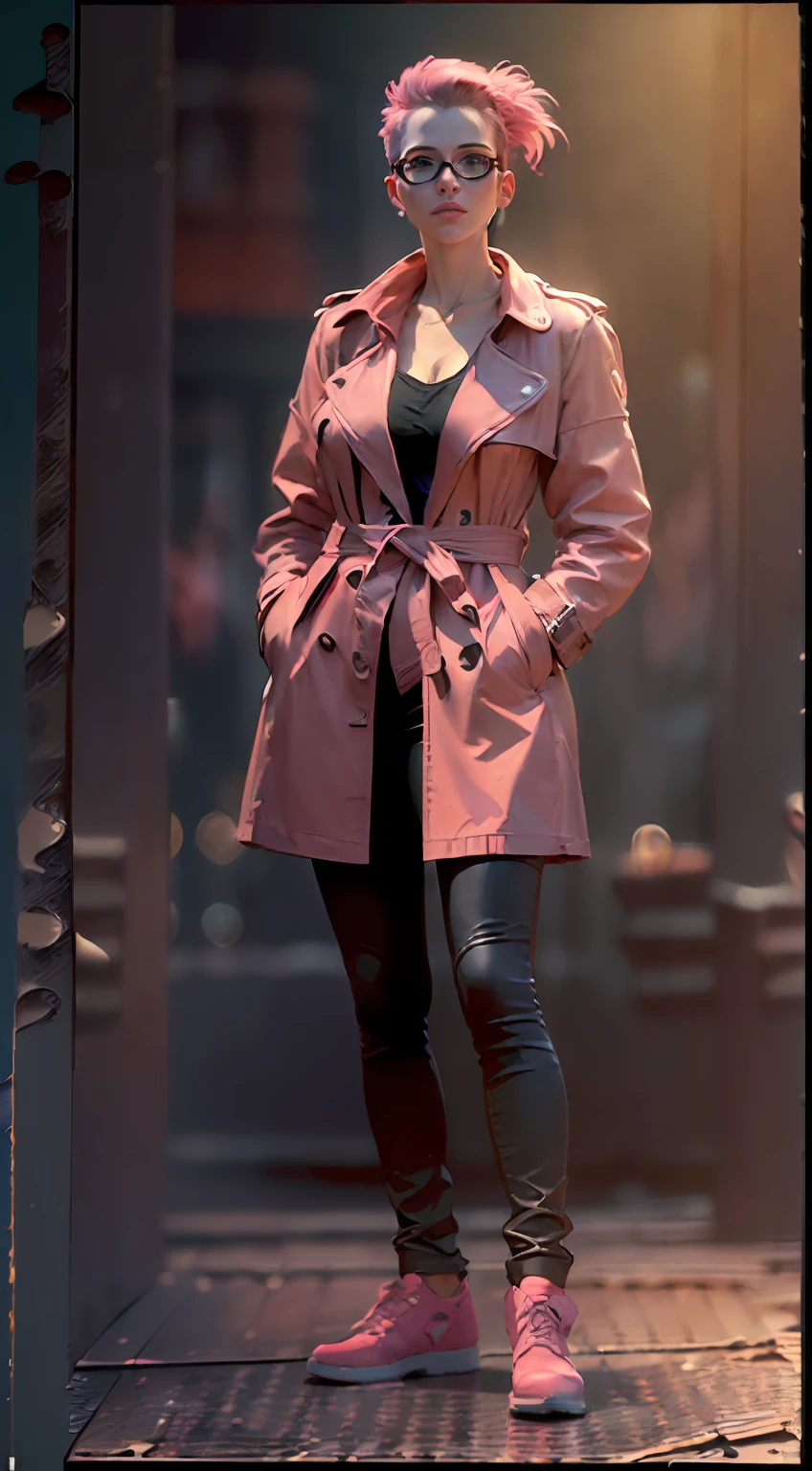 (
    (Character: one french woman, slim body, slim waist, pink shaved sides haircut )
    (Clothing: pink trench coat, black leather pants, boots, glasses)
    (Pose: full body shot:1.7)
    (Posing against a city street at night)
    (Abstract colors, texture, film grain, analog style, cinematic movie still frame, pink color scheme)
    (Style: ((masterpiece:1.5)), (face detailed), photo-realistic:1.3, hyperrealistic, film grain, realistic lighting, backlighting:1.3)
)