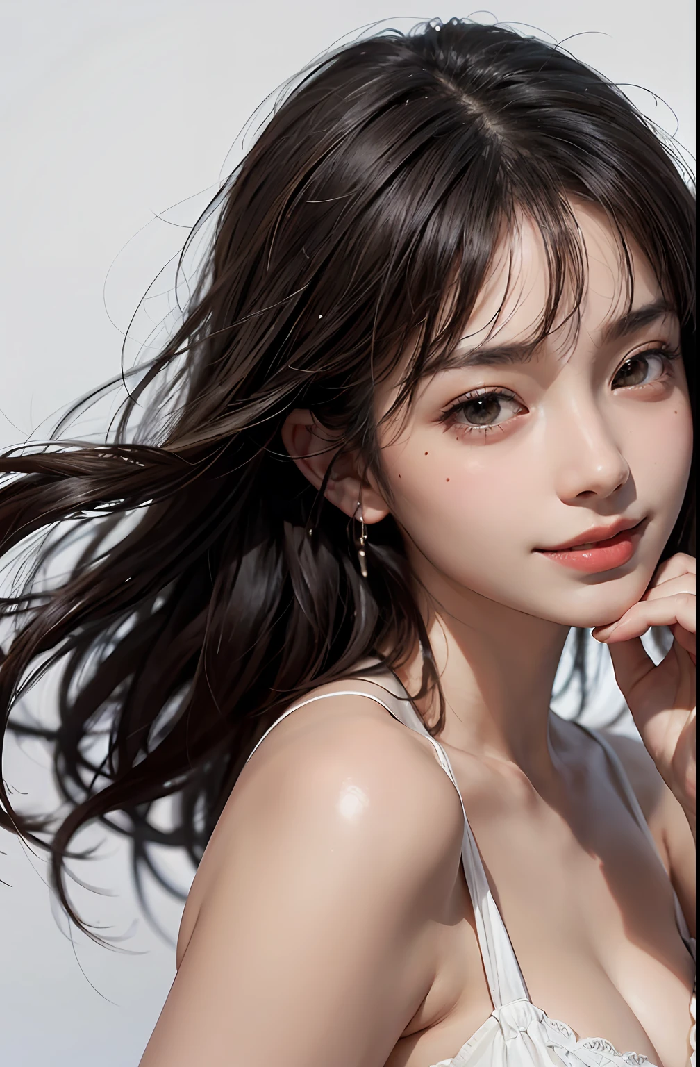SeaArt Bot Variations 13:44:05 ((Masterpiece, Best Quality, High Definition)), 1 Girl, (Photorealistic: 1.4), Solo, White Background, Pure White Background, Mouth Closed, Happy Smile, Happy Smile, Pretty Black Hair, Short Hair, Big Eyes, Clear Double Eyelids, Eyelashes, Ears Out, Long Neck, Absolute Area, Skirt, ((Face Close-Up) ), (draw all head, shoulders), 19 years old, attractive proportions, shiny skin, clean collarbone, face in golden proportions, perfect face, tearful mole, mole on chest, bangs, clean bangs, lip gloss, thin lips, white skin, naked, big breasts