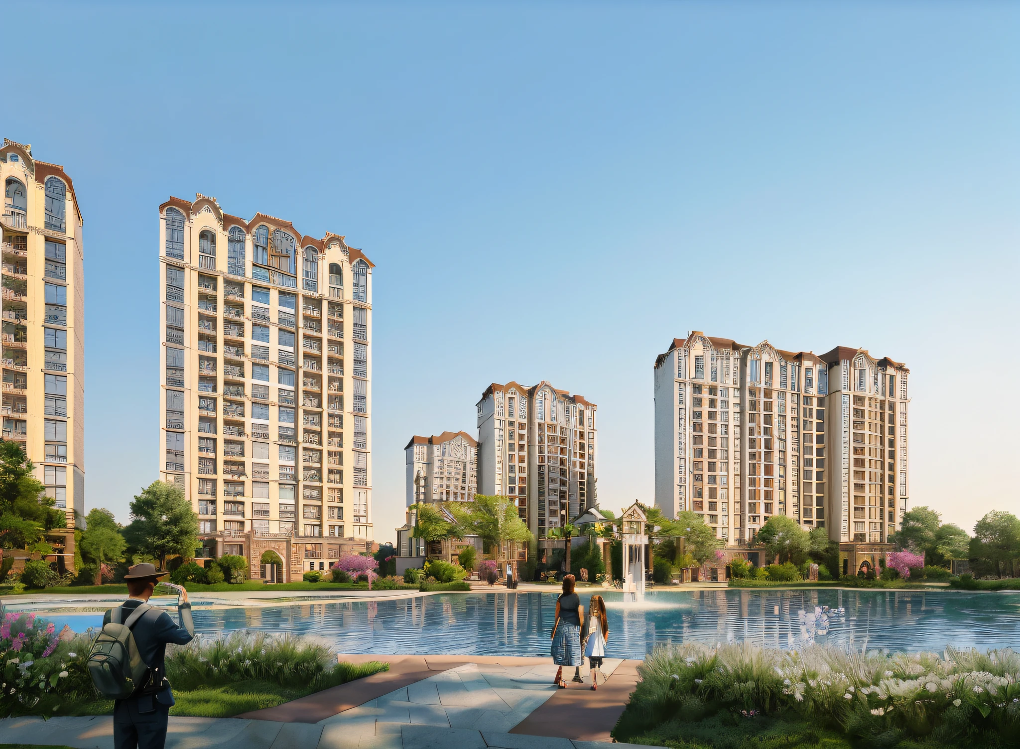 (photo-realism),(Best quality at best,tmasterpiece,be full of details),A mansion with two towers,Many trees,Colorful garden,flower pots,Old mansion,There is water in the foreground,White stone path,Green grass,blue-sky,rays of sunshine,Brown brick mansion,hyper HD,The personnel does not change