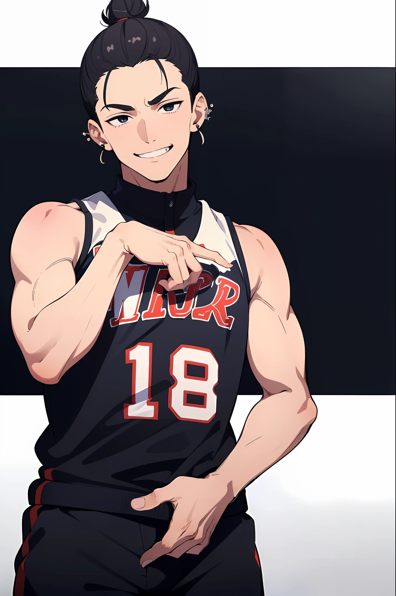 ((masterpiece)), (((best quality))), (super detail) expressive eyes, perfect face, (1man), man, lazy eye, man are cool, smirk smile, normal skin, wearing basketball uniform, black eyes, Triple Lobe Piercing, man bun black hair, hand raised and extended, arm slightly bent at the elbow, Position hand by raising forefinger and pointing it up, without background