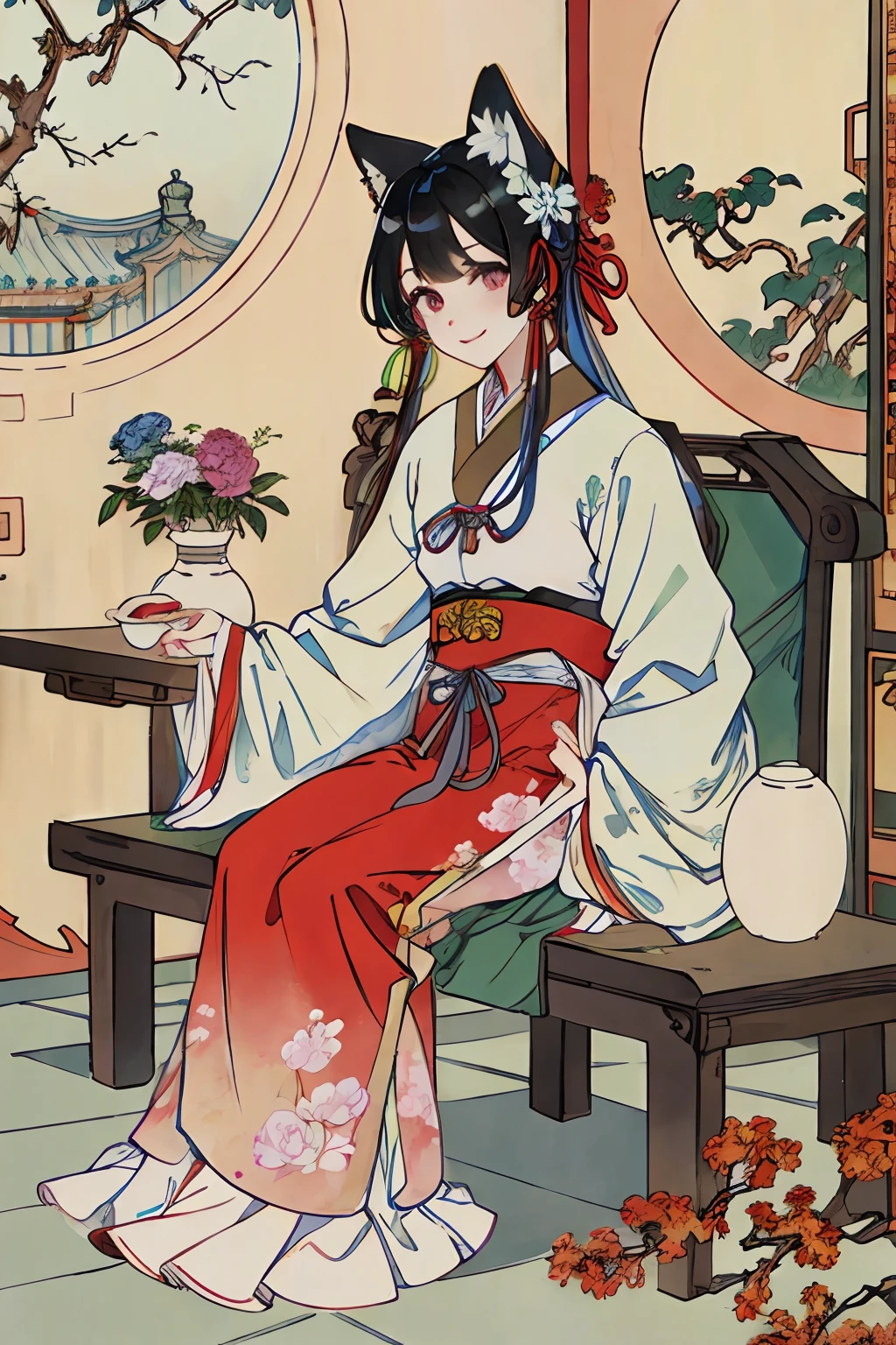 best quality, masterpiece, photo realistic, intricate details, raw photo, photon rendering, octane render, absurdres, ultra detailed, detailed face, detailed skin, trending on artstation,8k masterpiece,cinematic lighting, 1girl, sitting, solo, red wall, bench, architecture, chinese clothes, hands on lap, vase, dress, east asian architecture, black hair, long sleeves, tree, flower, looking at viewer, indoors, daqingchao, solo, long sleeves, floral print, traditional media, smile, hanfu, fox ears, fox girl