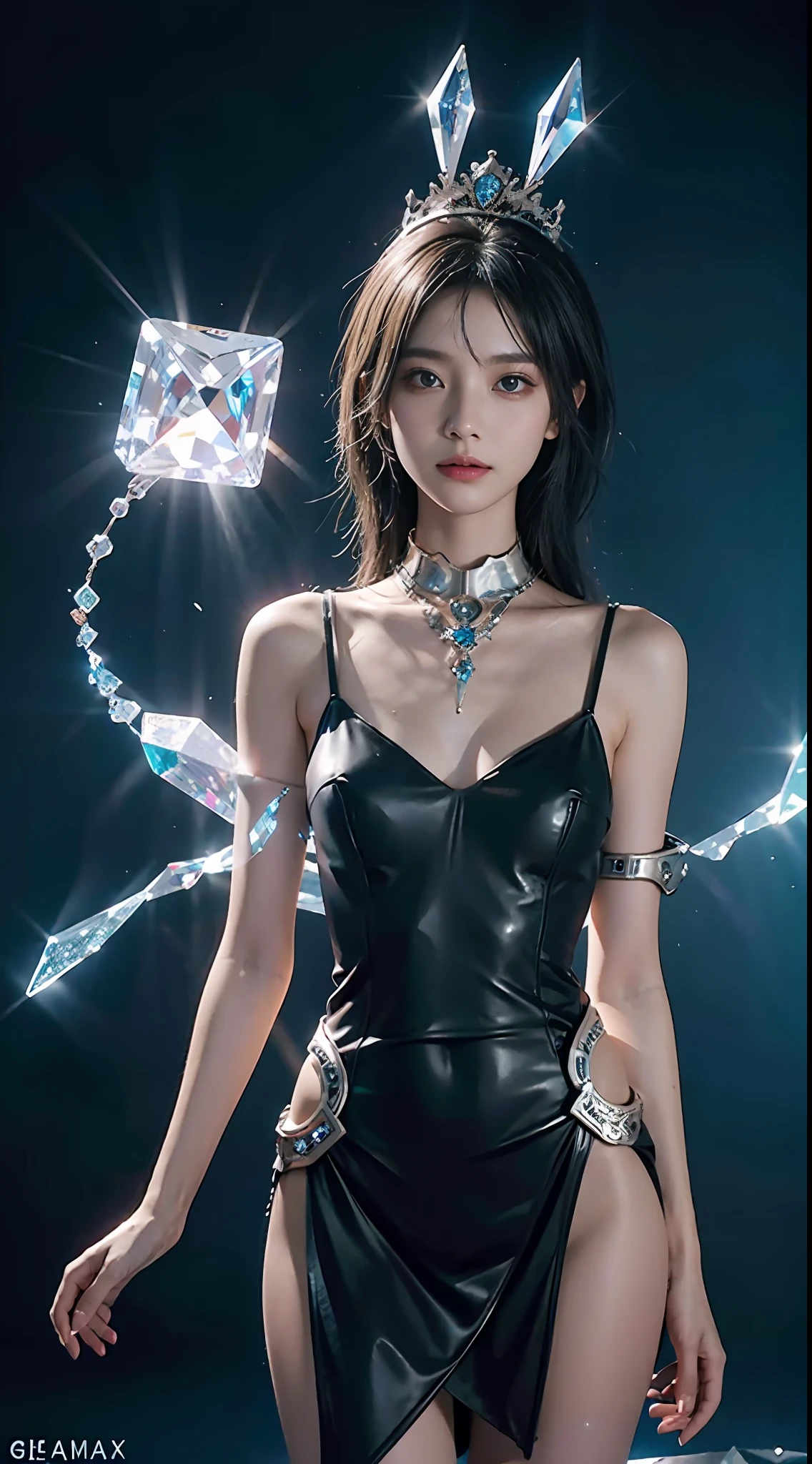 (Yu-Gi-Oh cards:1.5, rotationalsymmetry),A Necromancer,(Cowboy shot),Minimalist composition,swell sea,Female magician,Delicate crystal headdress, Delicate crystal armor,Electroluminescence,dreamy glow,Conceptual digital art, Azure and gray,(Very detailed, reasonable design, Clear lines, High sharpness,Best quality, Masterpiece, 4K )