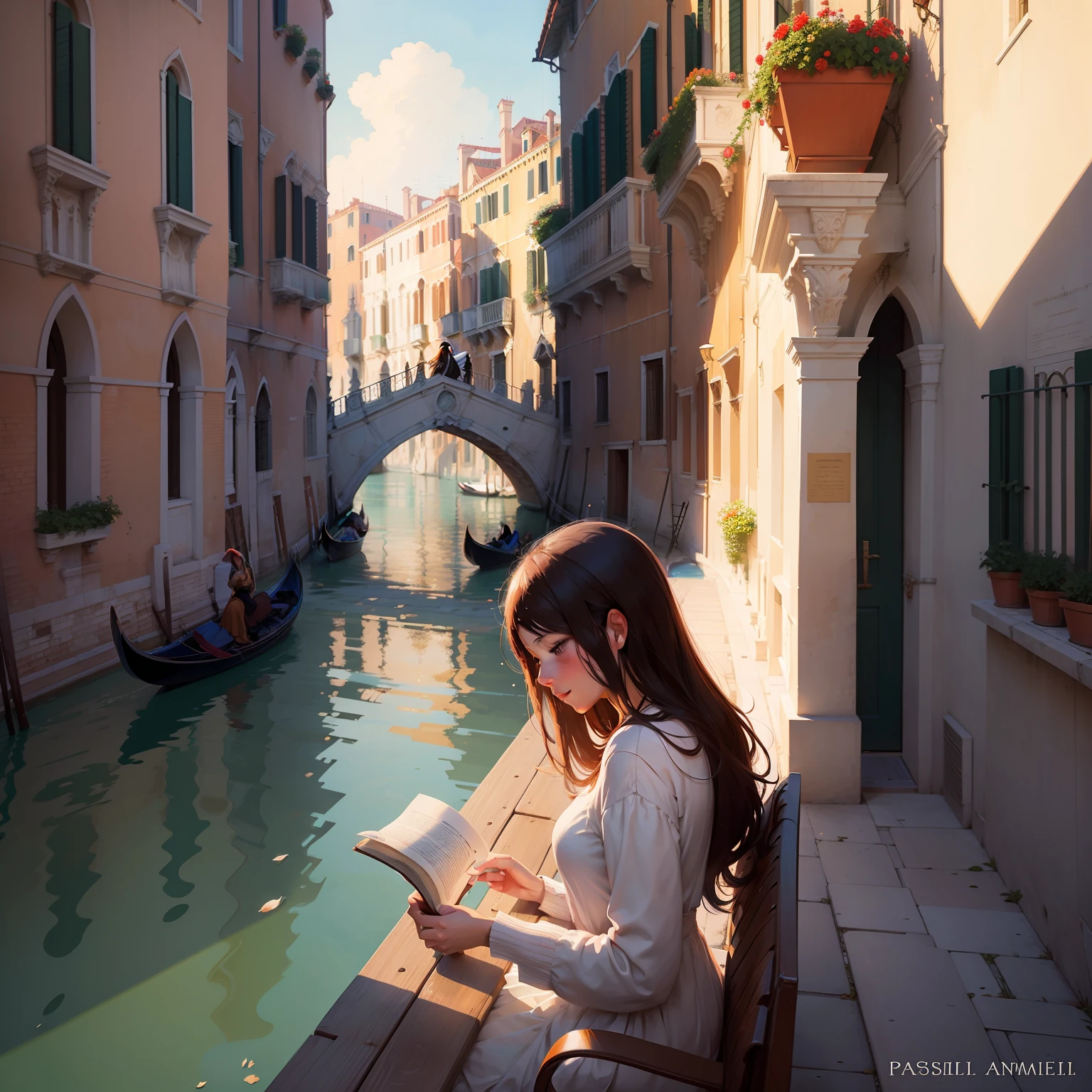 Woman reading on a bridge in Venice by pascale campion, morning light