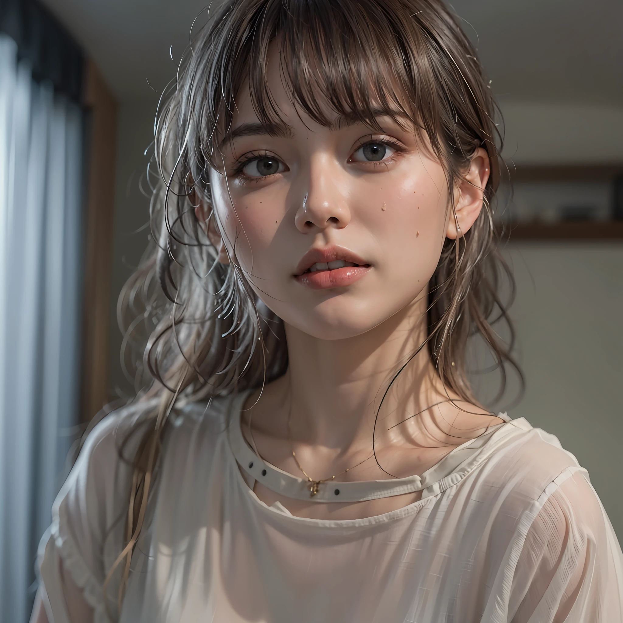 clothed、(Photo Real:1.4)、(hyper realisitic:1.4)、(realisitic:1.3)、
(Smoother lighting:1.05)、(Improved lighting quality in movies:0.9)、32K、
1girl in、20 years girl、Realistic lighting、back lighting、Facial light、raytrace、(Brightening light:1.2)、(Increase quality:1.4)、
(Top quality real texture skins:1.4)、finely eye、finerly detailed face、Fine quality eye、
(Tired, sleepy and satisfied:0.0)、close up of face、tshirts、
(Mood up the body line:1.1)、(Improve skin texture:1.1)、Mysterious、
long bangs、Hair color with light bangs、Black from half of the head to the back、