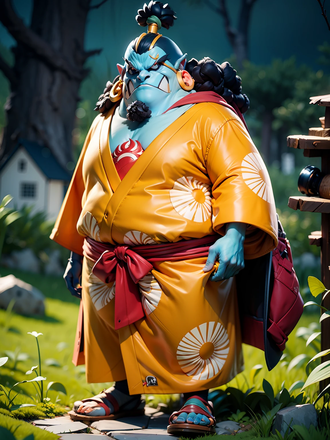 masterpiece, best quality, ultra-detailed, jinbei 1boy, solo, Full body, smile, blue skin, detailed face, wearing yellow yukata (open), day, full body, looking at viewer, male focus, open fields, cracked ground, grass, perfect hands, background japanese traditional house