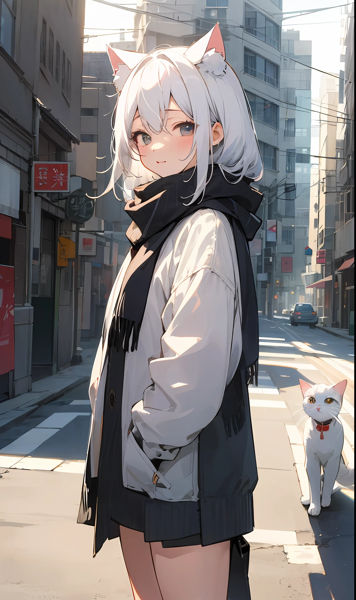 ​masterpiece、top-quality、***1人、white  hair、Medium hair、cat ear、Viewer's Perspective、:3、kawaii、scarf、jaket、outside of house、Street、Stylish cityscape