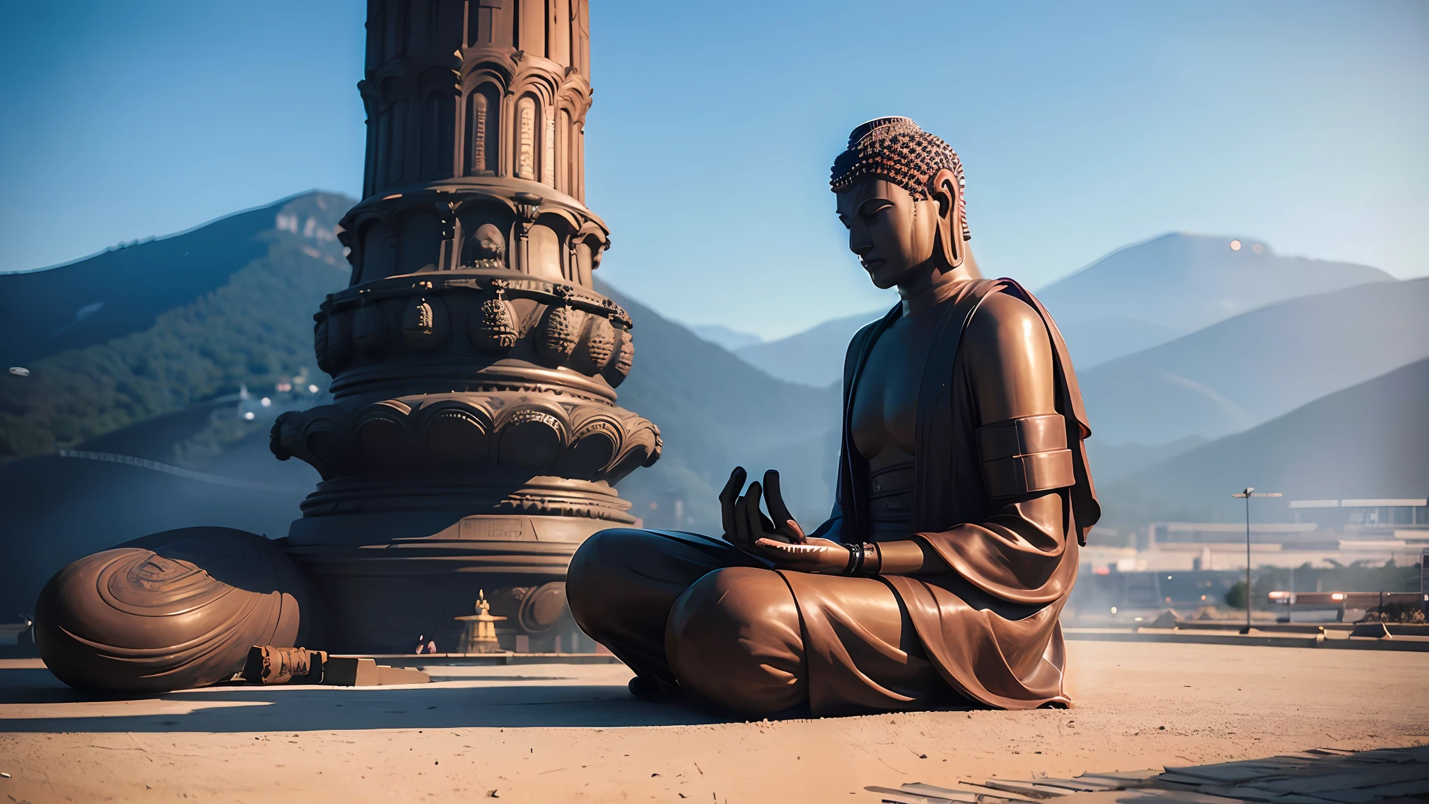 (giant tall buddha statue front meditating far away:1.2, ), (cyberpunk background:1.5), (photorealistic:1.4), (best quality:1.0), (ultra highres:1.0), 8k, RAW photo, (masterpiece:0.2), ultra-detailed, (crowd from behind:1),