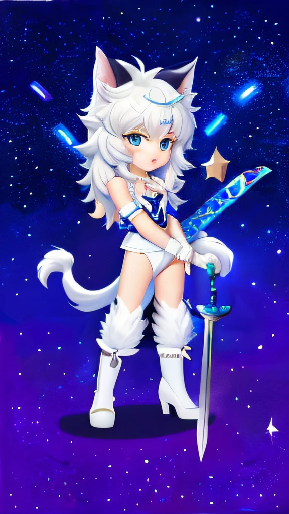 In the background there is a painting of a cat with a sword and a star, long haired humanoid fursona, neferpitou, Furry art!!!, White Cat Girl, elokitty, fursona art, cattie - brie of mithril hall, fursona!!!!, silver eyes full body, anime catgirl, female fursona