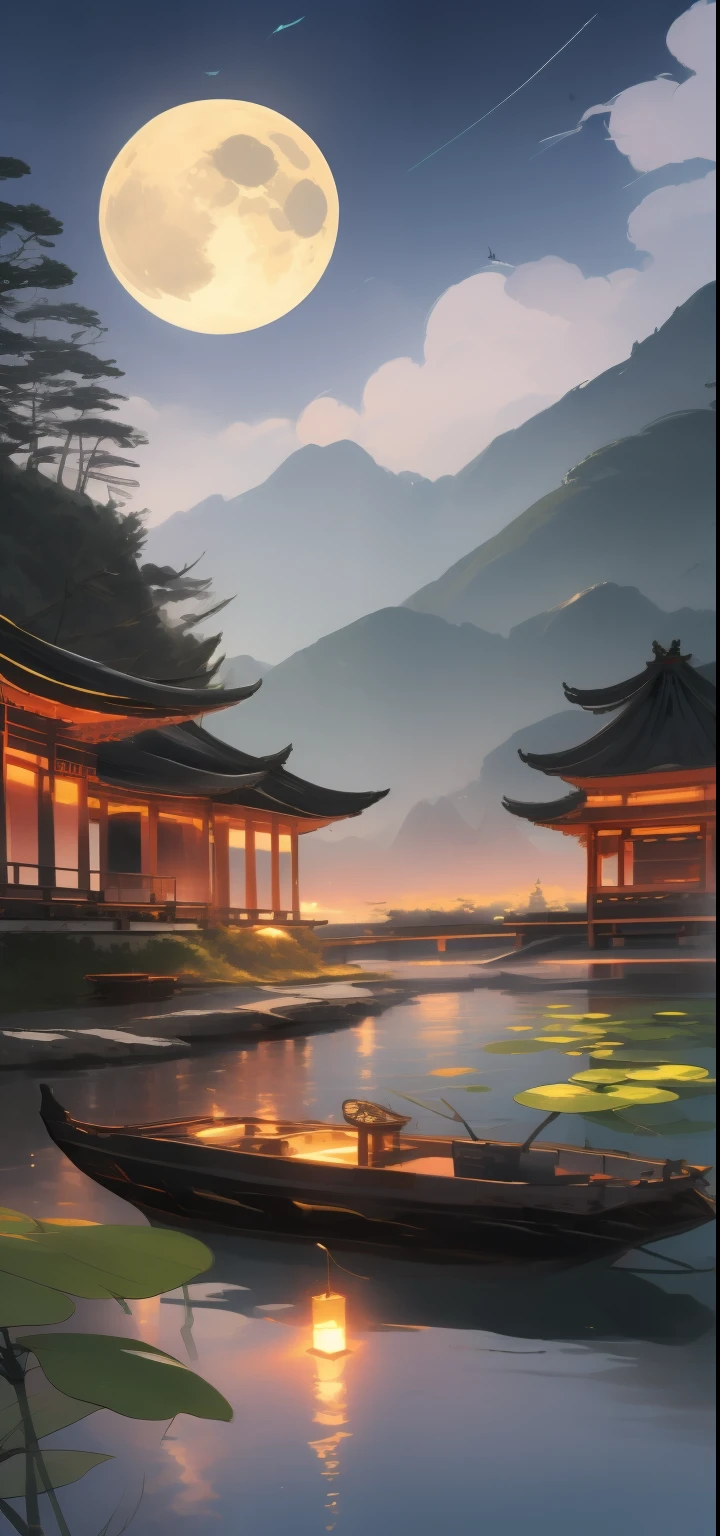 masterpiece, best quality, Chinese martial arts style, an Asian night scene with lanterns and water lilies, Asian lagoon with lanterns and boats night scene with many lights and boats on the water, lake surface, lotus flowers, beautiful night scene, ((Chinese martial arts style)))), with vast sky, continuous mountains and steep cliffs, inkwashing style, contour light, atmospheric atmosphere, depth of field, rising mist, bamboo, pine trees, octagonal stone pavilion, waterfall running water, large full moon, (No color), Monochrome, light color,