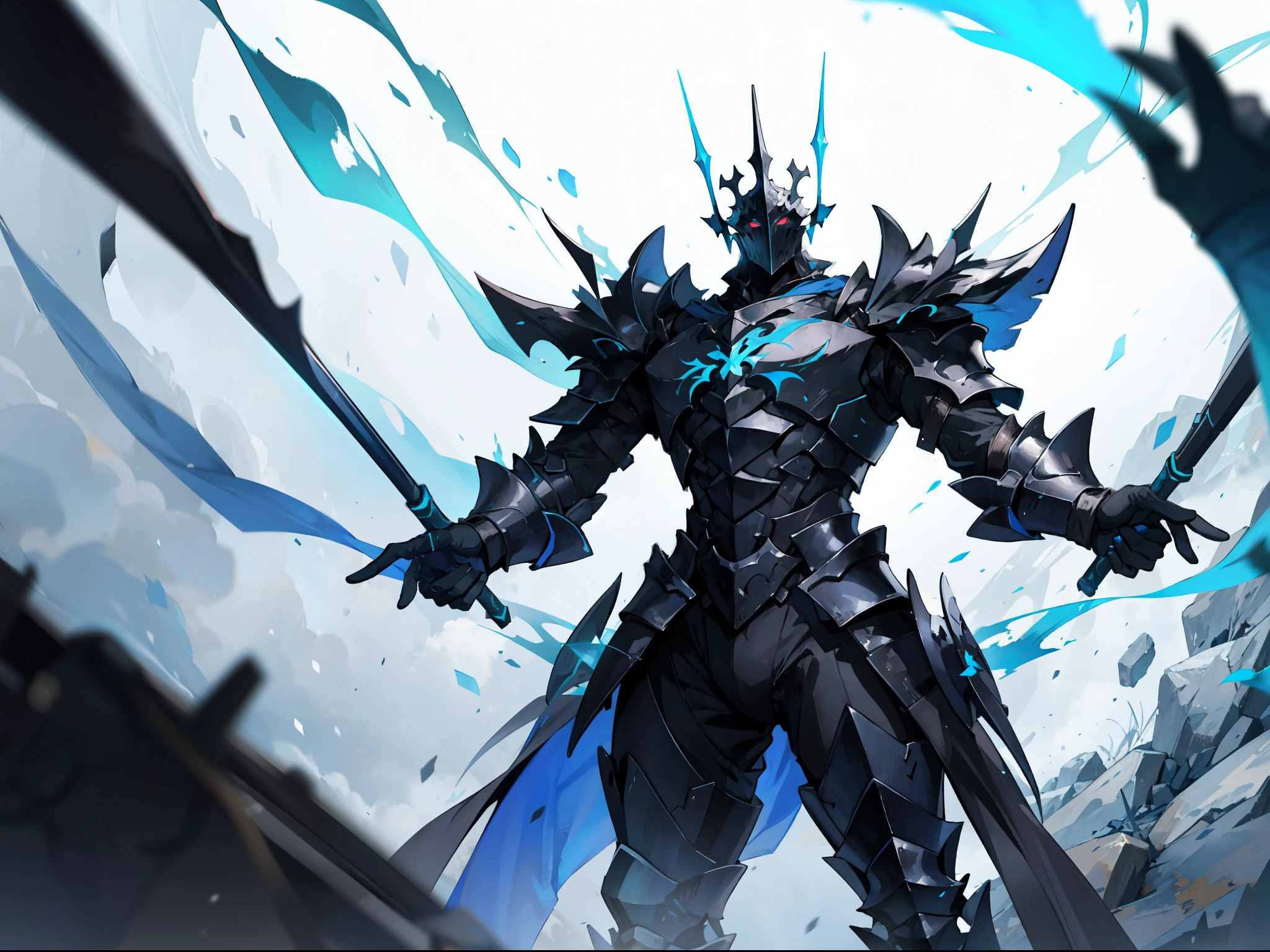 "generate a full black armored standing arrogantly on the battlefield with horrible aura"