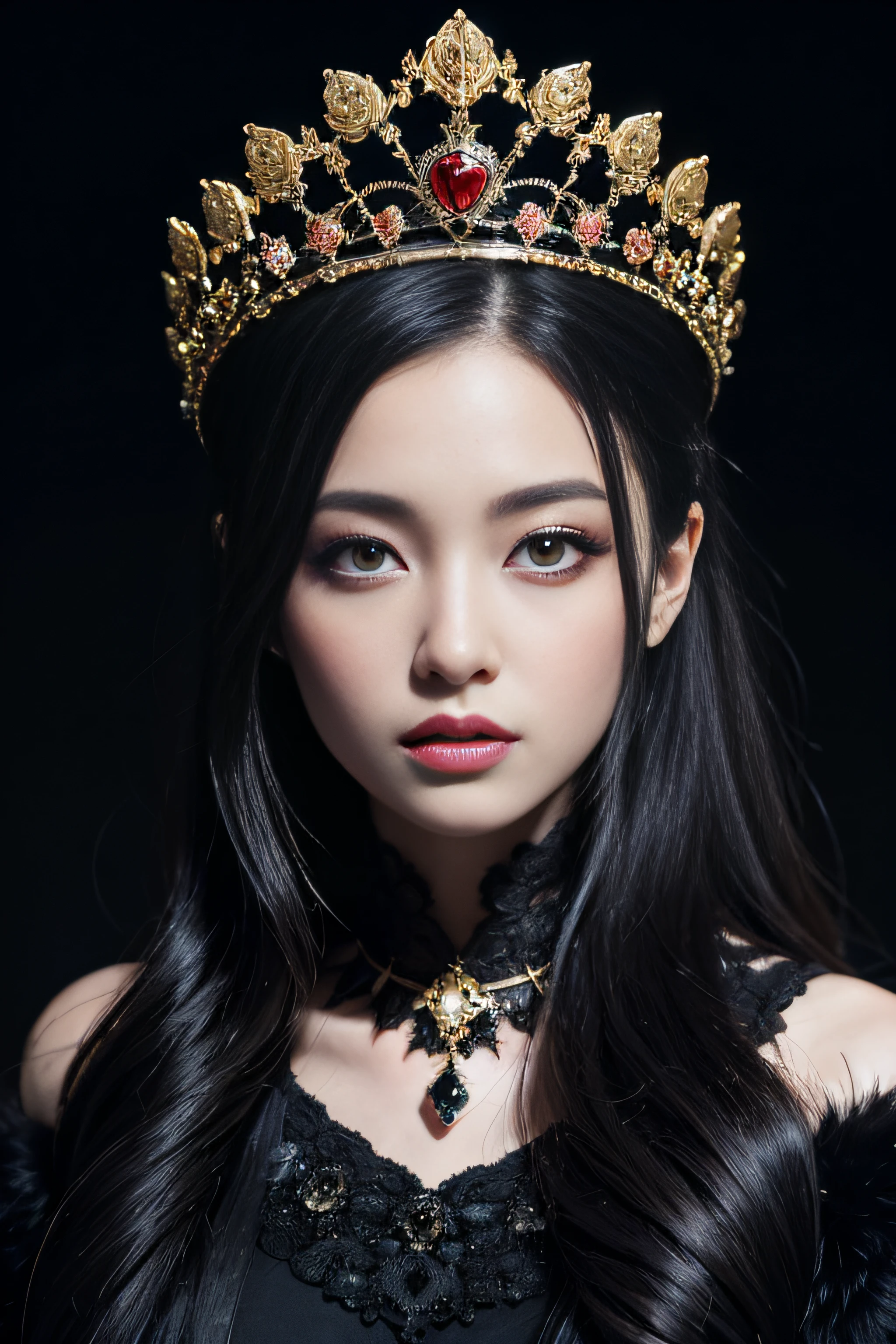 Hyper-realistic illustration of A queen in intricated black dress, black rose ornate, luxurious look, beautiful face, delicate serene eyes, eyeliner, black-roses adorning with skull tricklets, black fur coat, crown, fantasical concept, snowy forest in background, with snowfall, floating particles, depth of field, highres CG illustration, ultra-detailed, hyper-realistic , mid-shot, dark theme