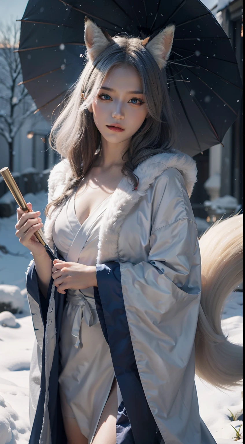 A beautiful fox spirit girl [1.2] with pointy ears [0.9] and multiple swaying tails [1.0]. She has snow white fur [0.8], piercing blue eyes [1.0], wearing a colorful flowing robe [0.7] and holding a paper umbrella [0.5]. Delicate facial features [1.1], surrounded by wisps of ethereal flames [0.6]. Mystical fox spirit miss, digital painting [1.5]