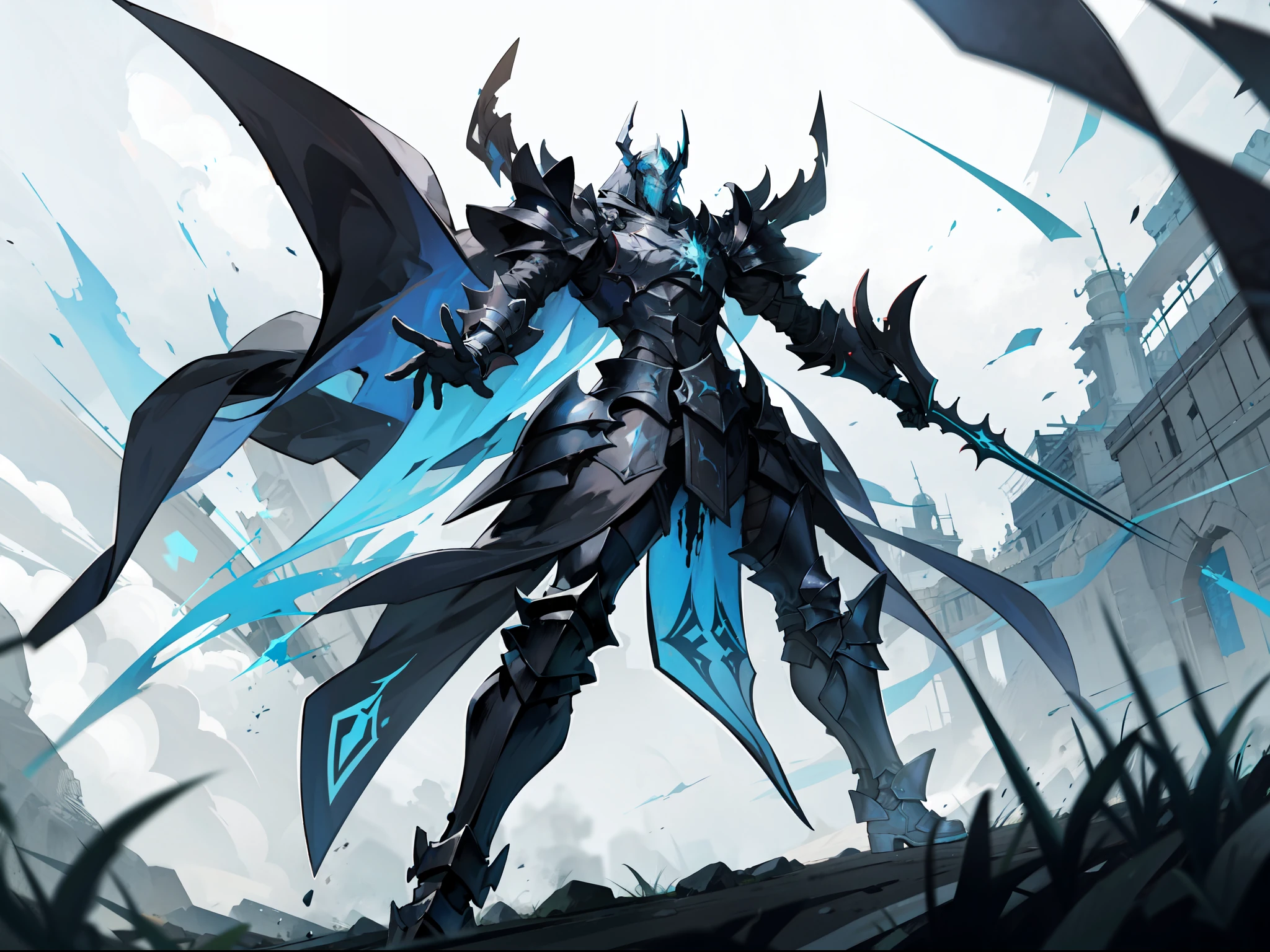 "generate a full black armored standing arrogantly on the battlefield with horrible aura"