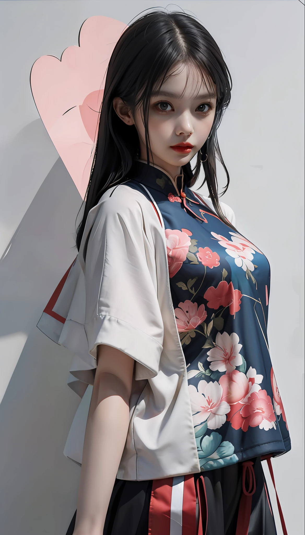 woman，Exaggerated and bold movements，Trendy clothing，Chinese-style clothing，Simple geometric background wall，Simple color-block background，
