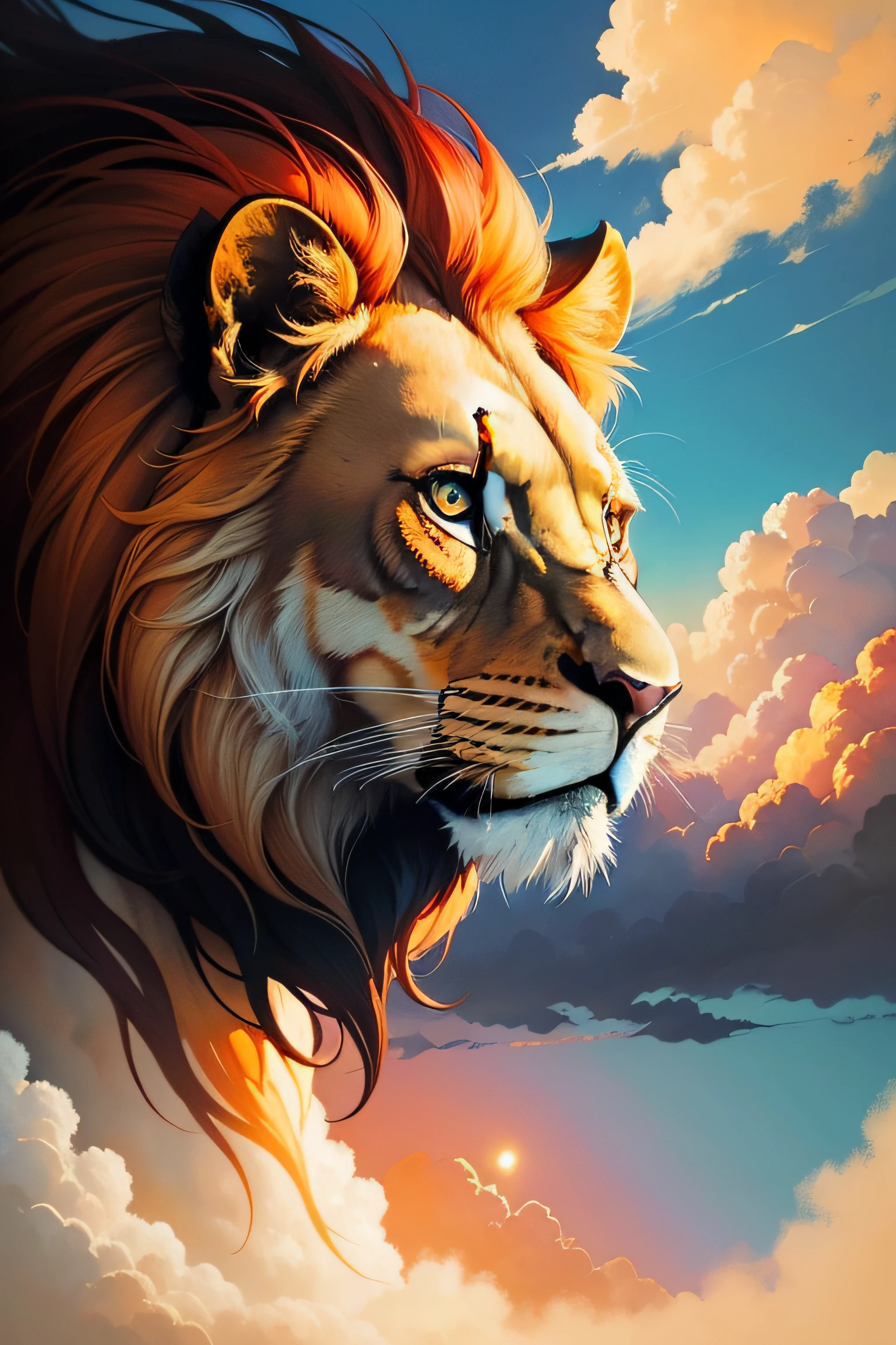 Lion luminous design,Brilliant colors,Ink drops,Sunny clouds,,oil painted,Abstract beauty,Heavy strokes