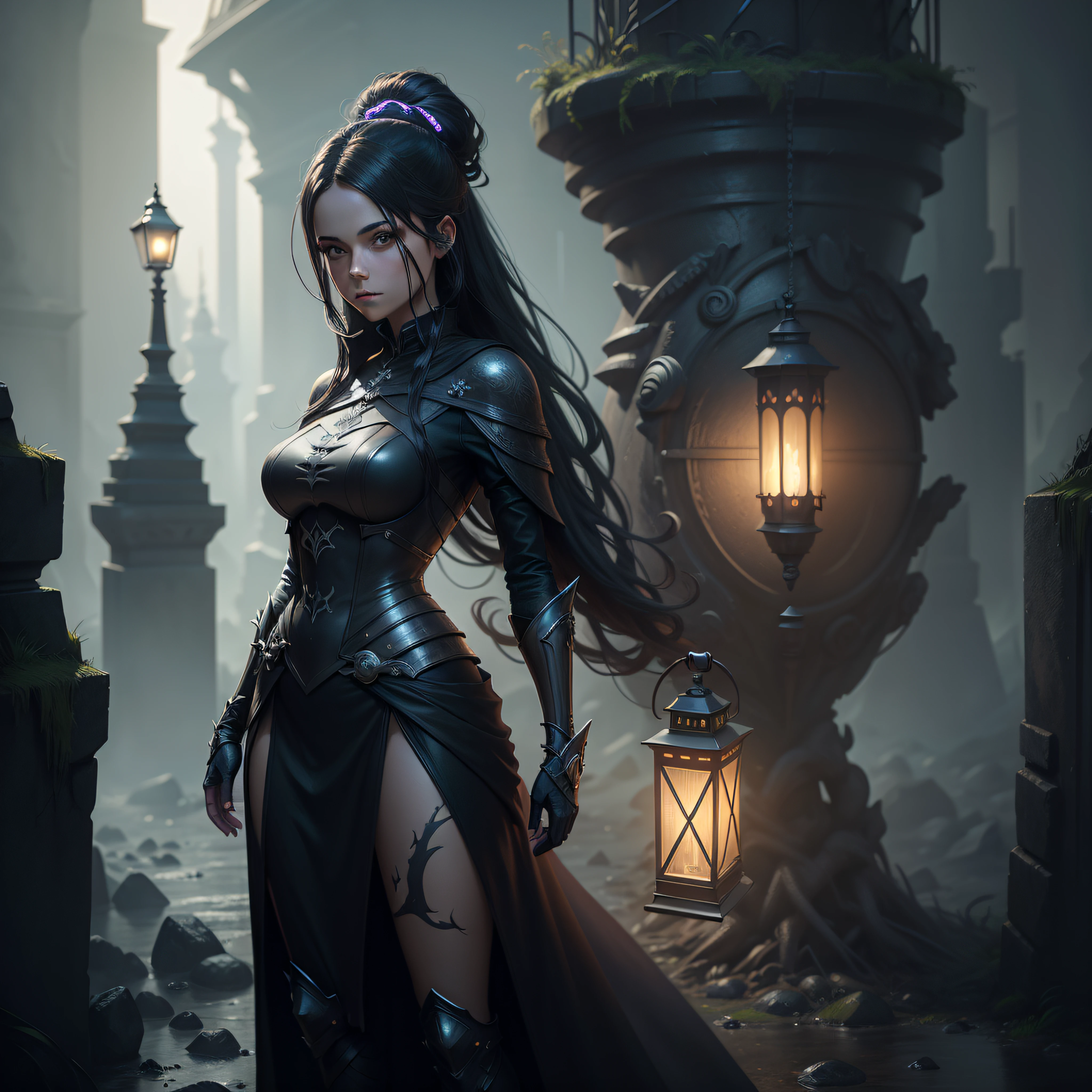 Full length portrait of a girl in a dark suit with a lantern in her hand, unreal engine fantasy art, 8k fantasy art, trending on artstationh, 4K fantasy art, an ominous fantasy illustration, epic fantasy game art, Dark fantasy concept art