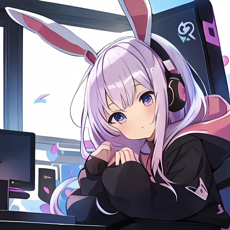simple white back ground、Anime girl with rabbit ears holding stuffed animal, splash art anime loli, Cute Anime, nightcore, Bunny Girl, with long floppy rabbit ears, Anime visuals of cute girls, reisen udongein inaba, Cute anime girl, Very Beautiful Anime Cat Girl, cute anthropomorphic bunny, cute anime style, with large rabbit ears((Best Quality)), ((masutepiece)), ((Ultra-detailed)), (Illustration), (Detailed light), (extremely delicate and beautiful),
(((Solo))),
(Beautiful cute girl),
((head phone)),(Hoodie),
((Cyberpunk Room)),Indoors,(a computer,scene),Data Stream,window,
((Sit in a gaming chair)),
(Beautiful eyes),White hair,(White underwear),(Two hands:1.5)