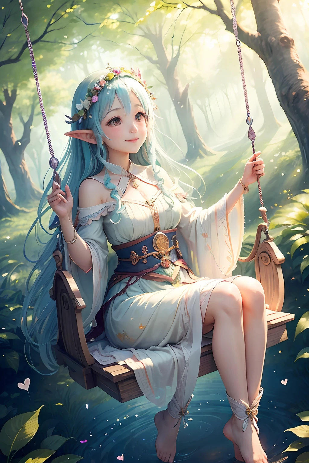 beautiful goddess、Flying in the sky、Elves will guide you､kindly smile、Transparent beauty、beautiful fairies、、splatters、the woods、Bright smile、swing､Bright background、shining background、heart mark、rainbows、falls