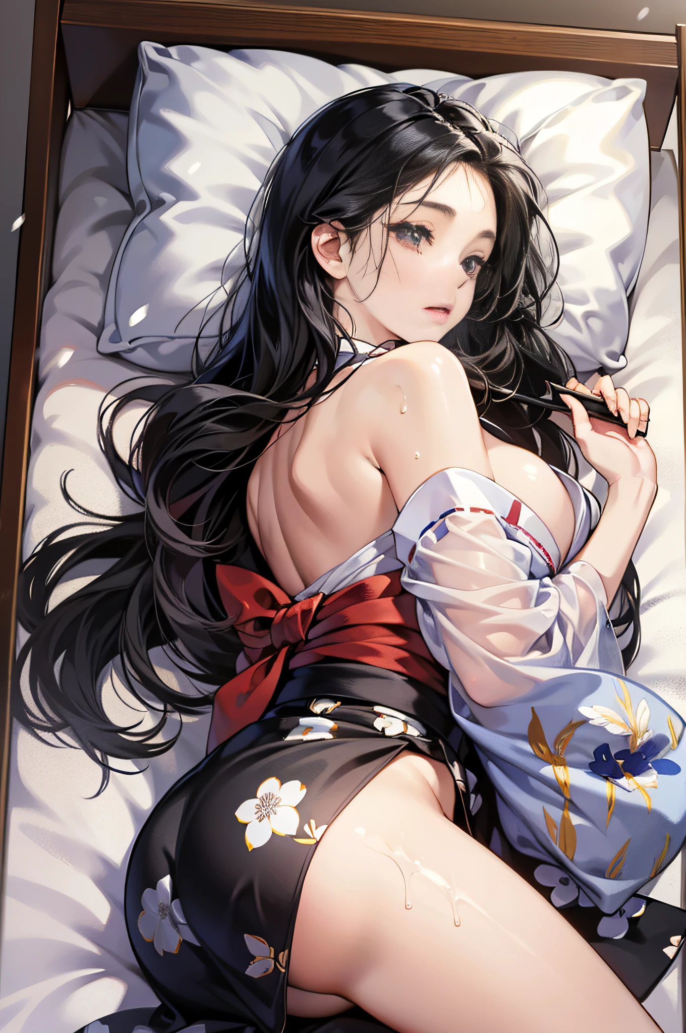 Attractive long black hair、Beautiful woman at 32 years old、Double eyelids、tthin eyebrows、Sleeping in a snow-white bed、No Underwear、Open your legs wide from side to side、Showing off the inside of the thigh、You can see the whole body、Yukata gets wet with sweat and sticks to the skin、1 thin white see-through yukata、very large breast、The color and shape of the tip of the chest is visible 、You can see the color and shape of the areola、I see a lot of pubic hair、The entire chest shows through、