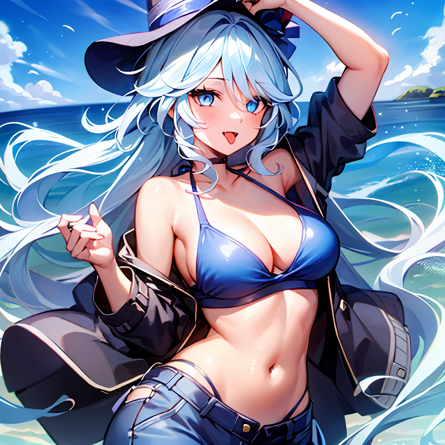 (((1girl))), hands up, long hair, tank-top, jacket, open shoulder, cowboy shot, bikini, medium breast, blue sea background, open mouth, stick out her tongue out at viewers, blue sea eyes, flushed, Focalors