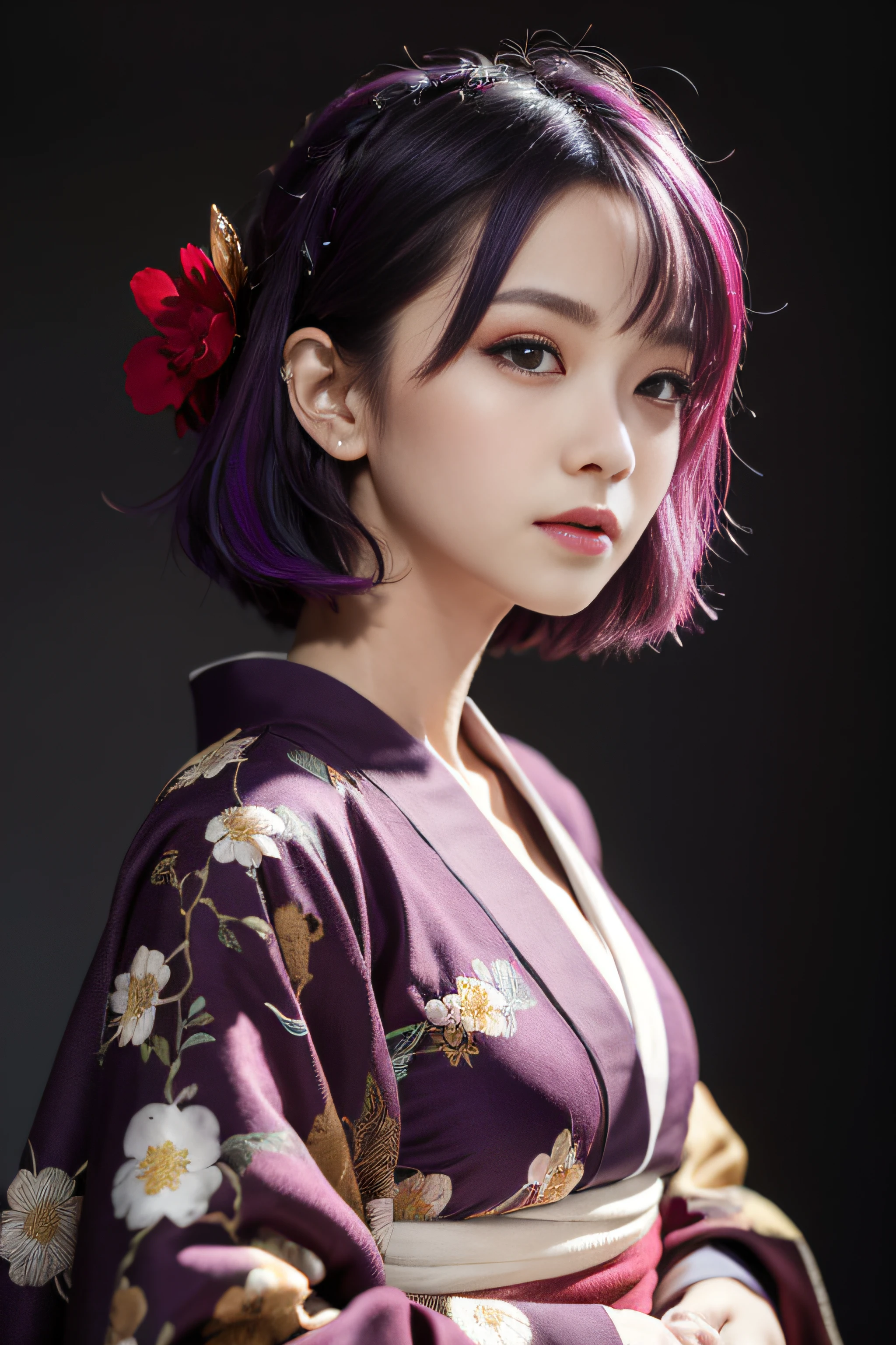 {{{masterpiece}}}, {{{best quality}}}, {{{ultra-detailed}}}, {cinematic lighting}, {frontal_view}, 1girl, short neat purple hair ((red highlights)), big golden eyes, small nose, natural makeup, wearing a kimono, perfect body, highly detailed, detailed eyes.