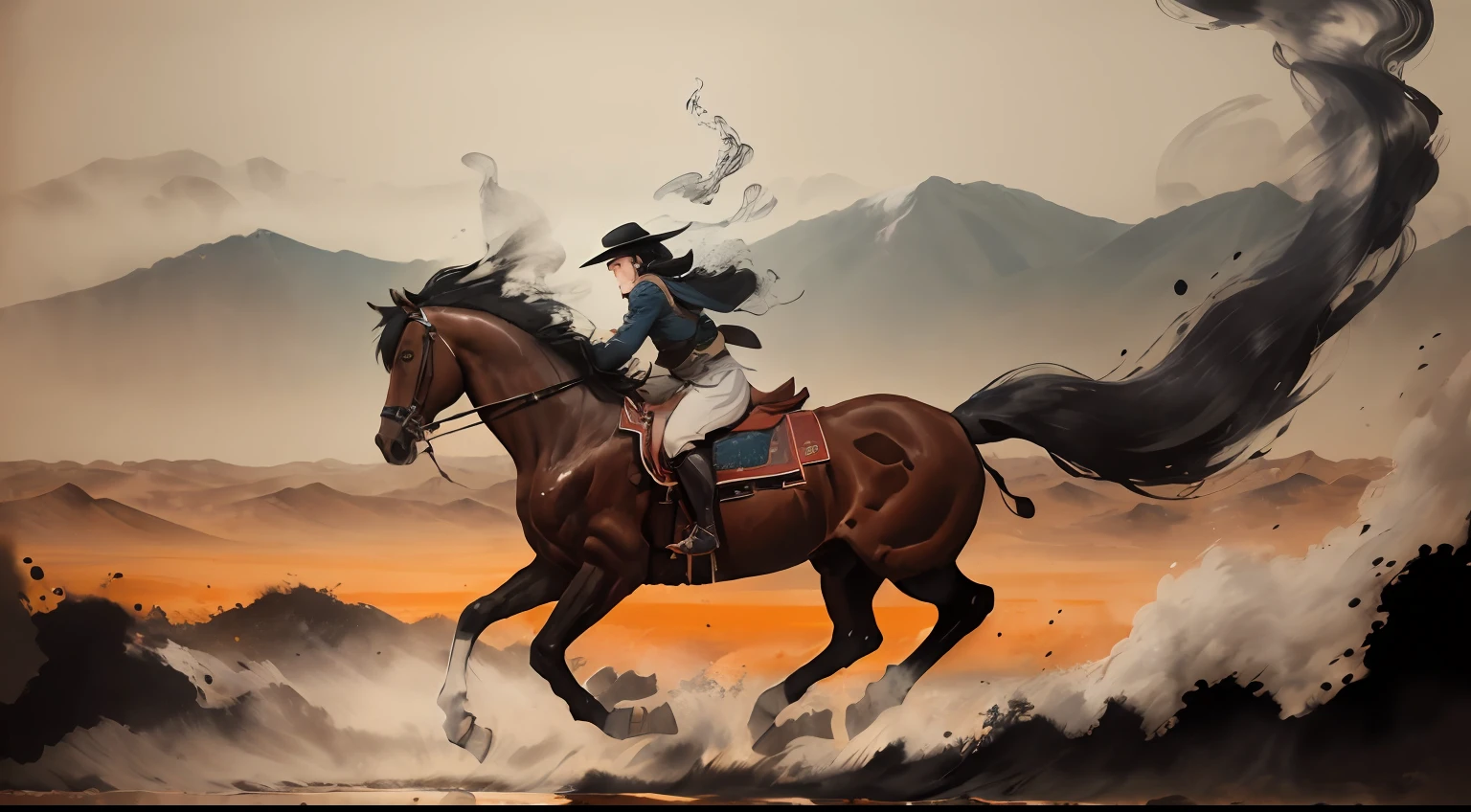 Ten thousand horses galloped across the steppe,Ink freehand,Xu Beihong style,ink spatter,Large clumps of ink,Ink traces like smoke