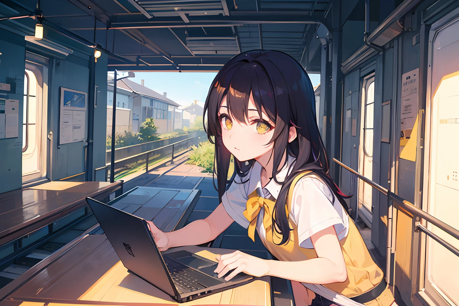 (((Yellow Train))),((masutepiece)),You are capturing a schoolgirl suffering from ChatGPT in a rural setting of Japan during the summer. She is under a brick arch bridge, Open her laptop, Work with a serious look. In the background, Capture the vague sight of a yellow train passing by, Emphasize the contrast between her concentration and the movement around her. I am using a Nikon D850 camera, Shot with AF-S Nikkor 85mm F/1.8G lens with resolution 45.7 megapixels. the ISO sensitivity is 100, and shutter speed is 1/60 second. Aiming for photography that skillfully utilizes natural light and shadows. The style is realistic, The color scheme aims for the vivid colors seen in Makoto Shinkai's works.. --ar 16:9 - V5.1 --Style raw --Q 2 --S 750