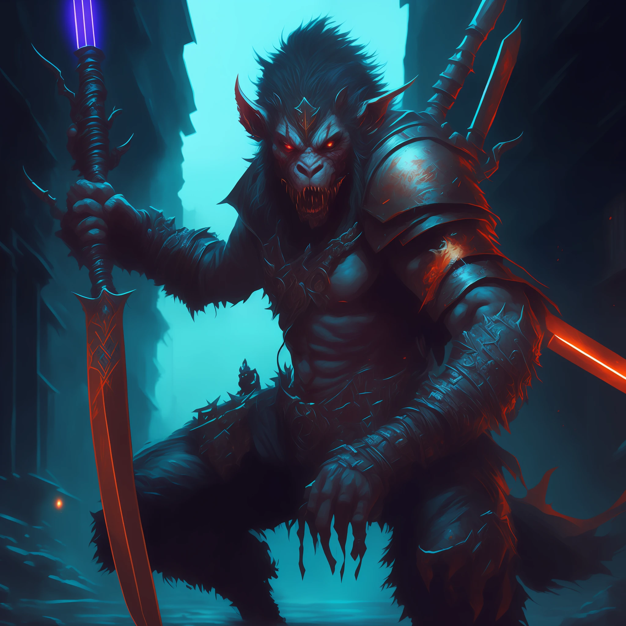 "Demon monkey" with a sword in his hand on a city street, Wojtek FUS, Demon Monkey-Fang Gnoll, Epic fantasy art style, Epic Fantasy Digital Art Style, arte de fantasia digital 2d detalhada, Dan Mumford. 8K octane rendering, demon samurai warrior, um Macaco minotauro, Dan Mumford Tom Bagshaw, Dan Mumford. octan render, epic fantasy art.