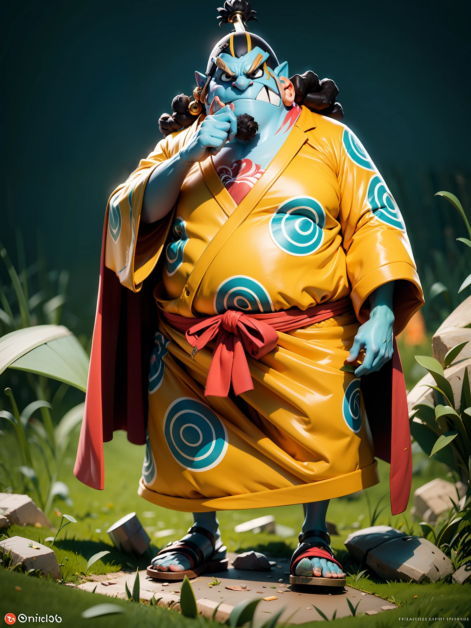 masterpiece, best quality, ultra-detailed, jinbei 1boy, solo, Full body, smile, blue skin, detailed face, wearing yellow yukata (open), day, full body, looking at viewer, male focus, open fields, cracked ground, grass, perfect hands