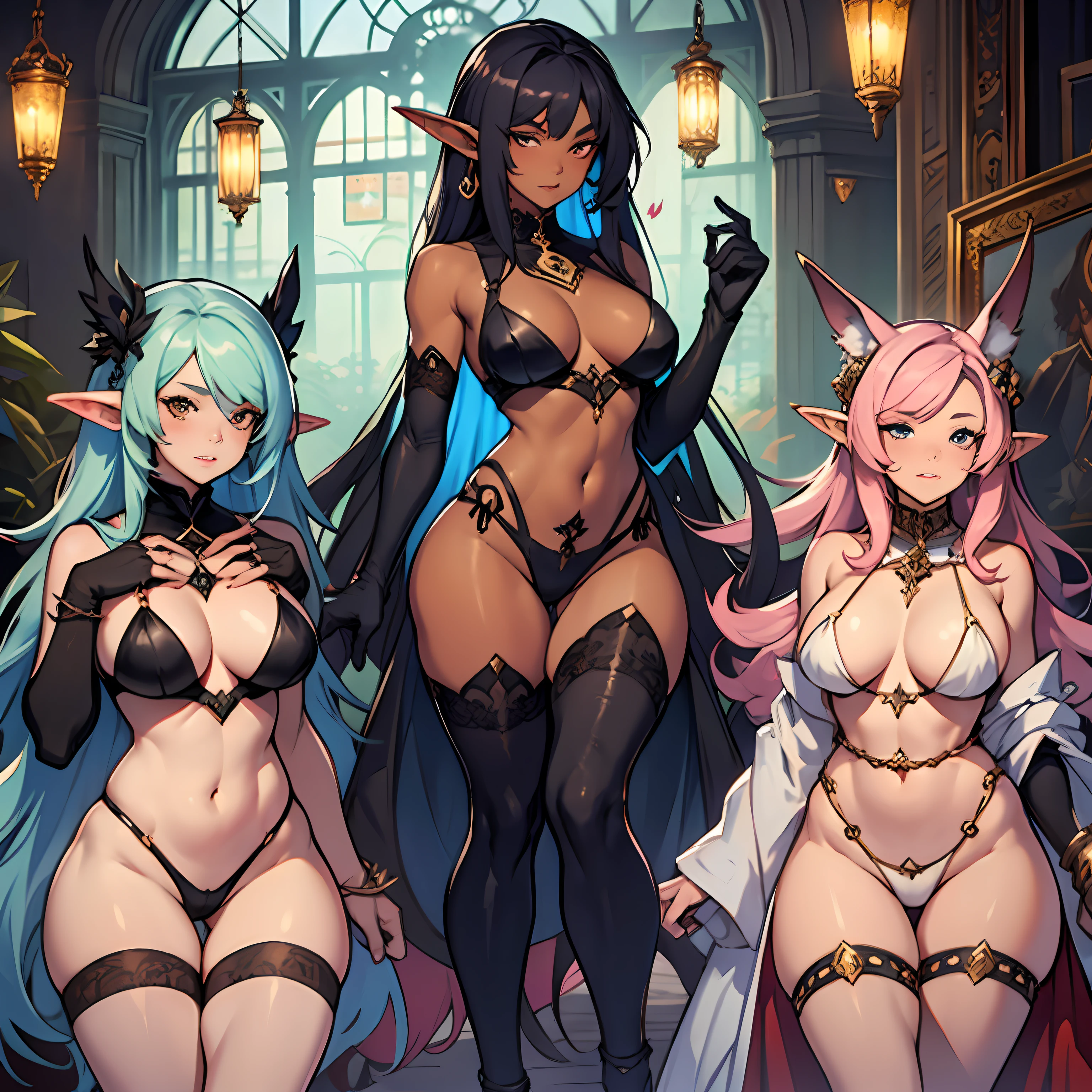"Enchanting goblin girl harem featuring alluring women exhibiting elegant proportioned long legs, irresistibly beautiful dark skin, and enticingly curvaceous figures."