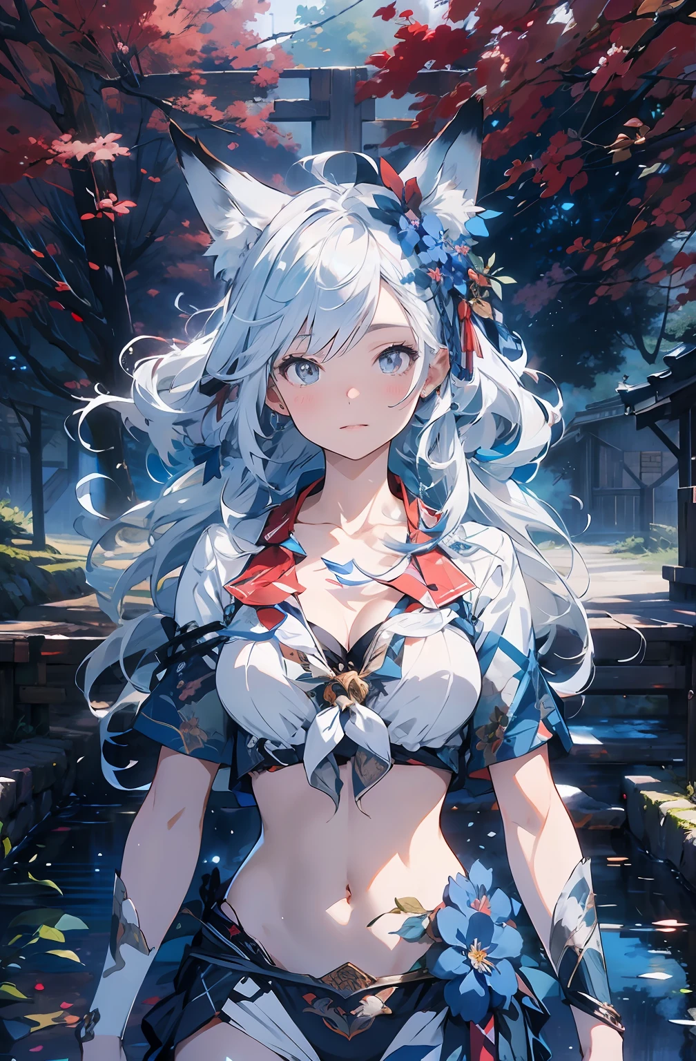 Forest Blue picked up her long white hair，schoolgirls, Detailed digital anime art, Natural scenery，Anime fantasy artwork, 2. 5 D CGI anime fantasy illustration, style of anime4 K, 8K high quality detailed art,  Fox Maiden, National style，Floral hair ornaments，Symmetrical eyes，delicated face，fox ear，best qualtiy，tmasterpiece，电影灯光，Asymmetrical composition，