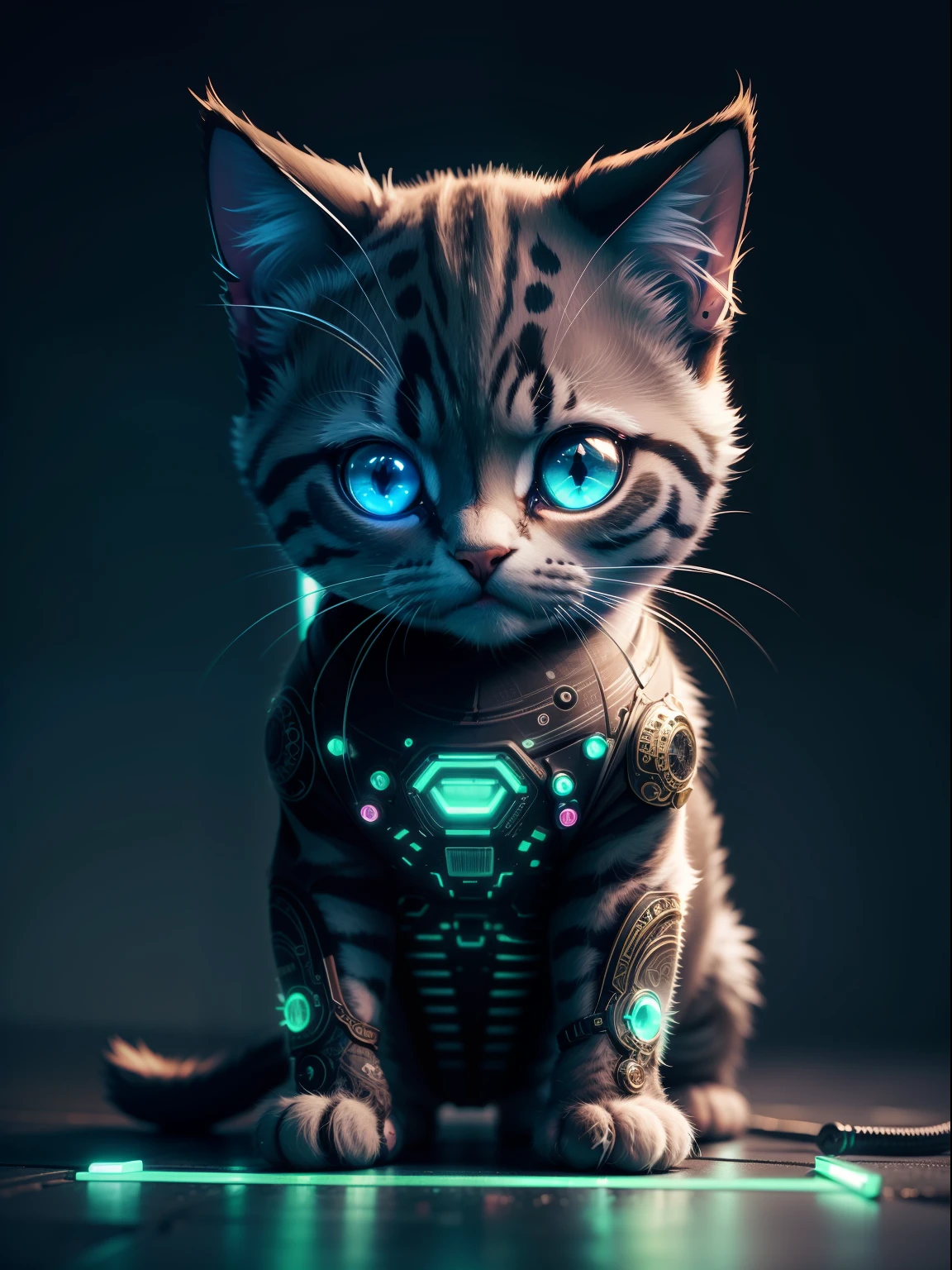 cute kitten made of neon, cyborg, cyberpunk style, ((intricate details)), hdr, ((intricate details, hyperdetailed)), cinematic flat, vignette