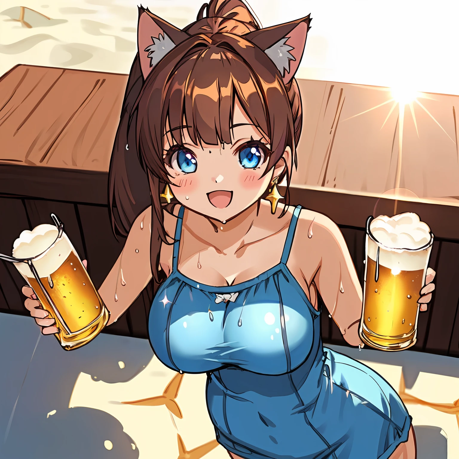 (Highly detailed CG Unity 8k wallpaper), (Best Quality), (Super Detail), (Best Illustration), (Best Shadow), POV, Realistic lighting and shading, Natural light, Lens flare effect, BREAK, 1 beautiful girl, Solo,(Cute:1.5),(Chibi:0.8), (kawaii:1.5),(Lori:0.5), BREAK, ( (17 years old girl), Very detailed, colourfull, highest details, BREAK, (Huge breasts: 1. 2,), Clear skin, Beautiful skin, Shy skin, 1 beautiful girl, Brown hair, (Cat ears, Ponytail, medium-Long hair: 1. 2), (Light blue eyes, long eyelashes, Double eyelids: 1. 2), Solo, gleaming skin, BREAK,(Wet Casual Beachwear:1.2), (lightweight summer one-piece dress:1.2), (star-shaped earring:1.1), (Lace headband:1.0), (Cute Accessories:1.3), (Maternal expression of a smile :D:1.1), (Drinking beer:1.2), (Tavern background,Drink at the counter:1.3), (Holding a large float with both arms:1.1), BREAK,🍻🍺, Drunk, Laughing, Open mouth, Camisole,Upper body, From above,
(breasts on table:1.2), (breast rest:1.2),