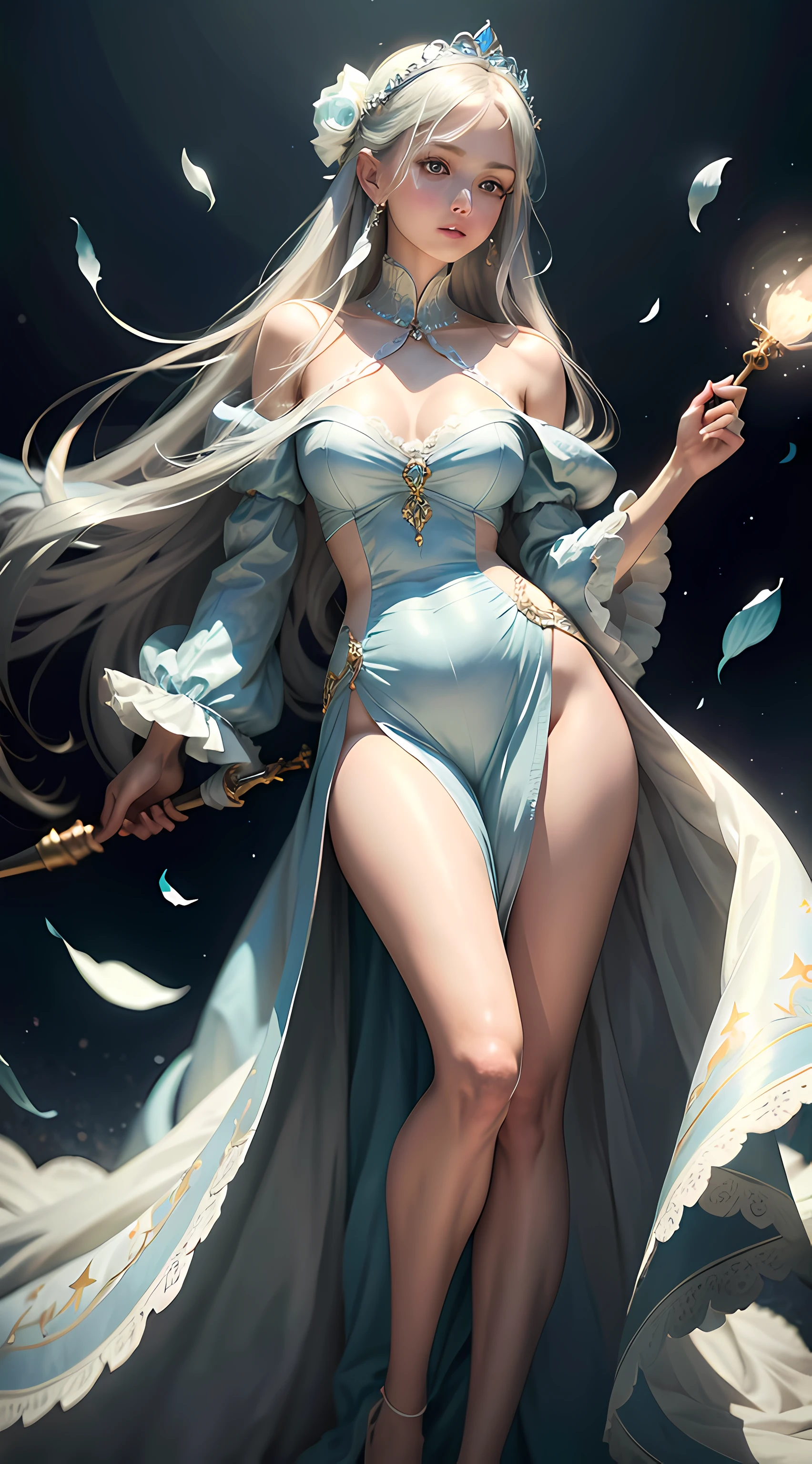 Extremely delicate and beautiful girl，Extra-long hair，Refined looks，blue color eyes，Pearl hair accessories，starlights，petals，starrysky，Soft focus，Silver and white long dress，Scepter in hand，Best Picture Quality，Rich in detail，Well made，high light，highdetailskin，8K，high qulity，Nice drawing，Rich in layers，art-style