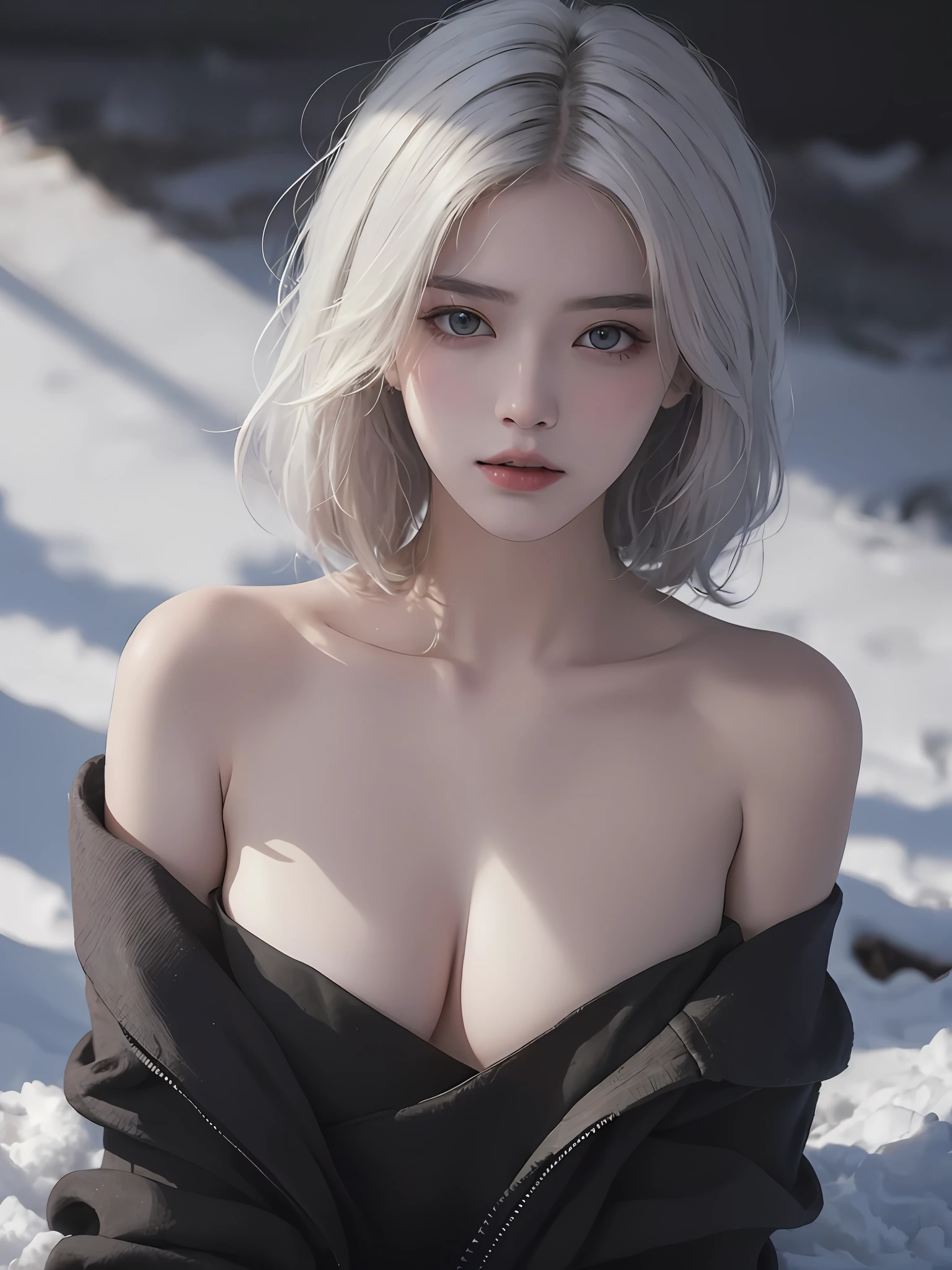best qualtiy, tmasterpiece, 超高分辨率, (realisticlying:1.5), RAW photogr, 1girll, bshoulders, in the darkness nigth, deep shading, low tune, cold light, Sexy look, with short white hair