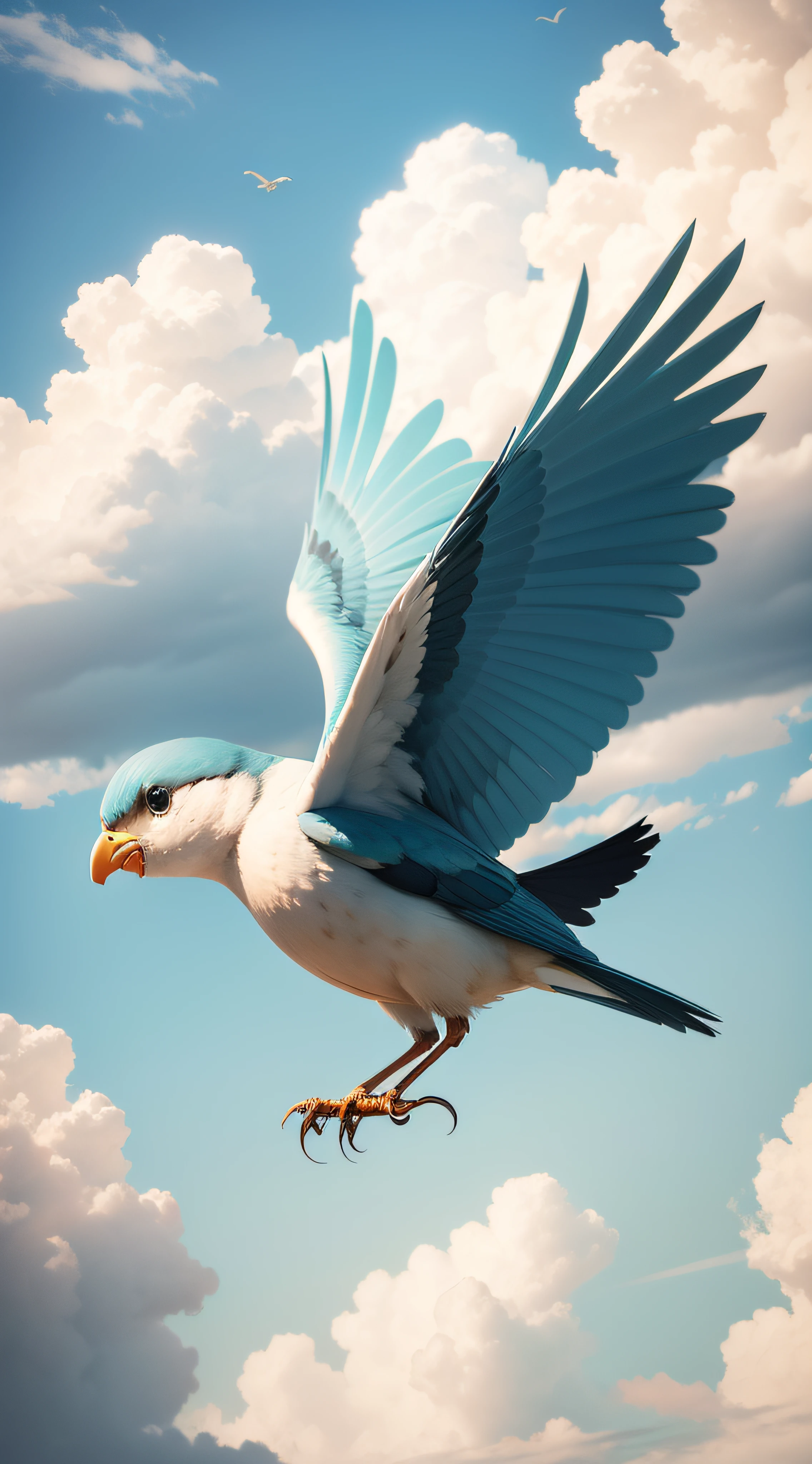 Make a little bird flying in a sunny sky with some clouds, High definition image and quality, arte estilo pintura, arte criativa