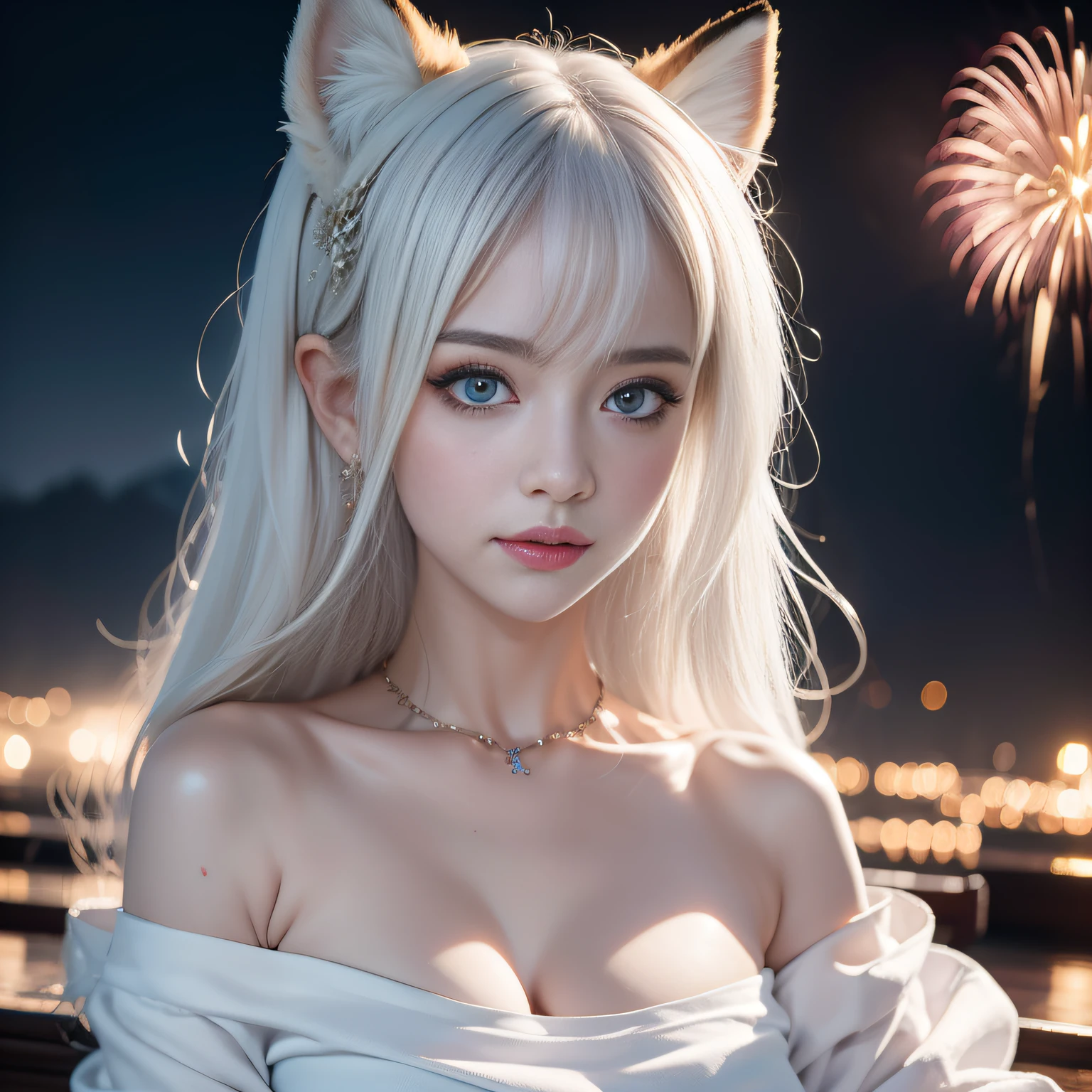 Fox demon fox ears white hair girl,Overlooking the night view of Chang'an,Sexy and feminine,Sit Pose,fluffy fox ears,fox tails,No ears,Reddish tone,Gorgeous fireworks background,Pink floral maxi dress,A beauty with only fox ears,medium boob,Clan girl,Fox eyes,Enchanted,Charming,16k, best qualityer, tmasterpiece, 1womanl, 独奏, mature, Raised sexy, Highly detailed face and eyes, professional make-up, ,, glow blue eyes,Fox ears white hair girl,Blur at close range,blurryforeground,,Background bokeh,depth of fields,tee shirt,shorter pants,exquisitedetails,Perfect details,sideface,White shirt,largeeyes,Black eyes,Sparkle,edge lit,long eyelasher,Based on physical rendering,8K,8K high quality detailed art, Beautiful 2D portrait,firework background,Extremely quality,tmasterpiece,Need,Overlooking the eve of Chang'an, Gorgeous fireworks,