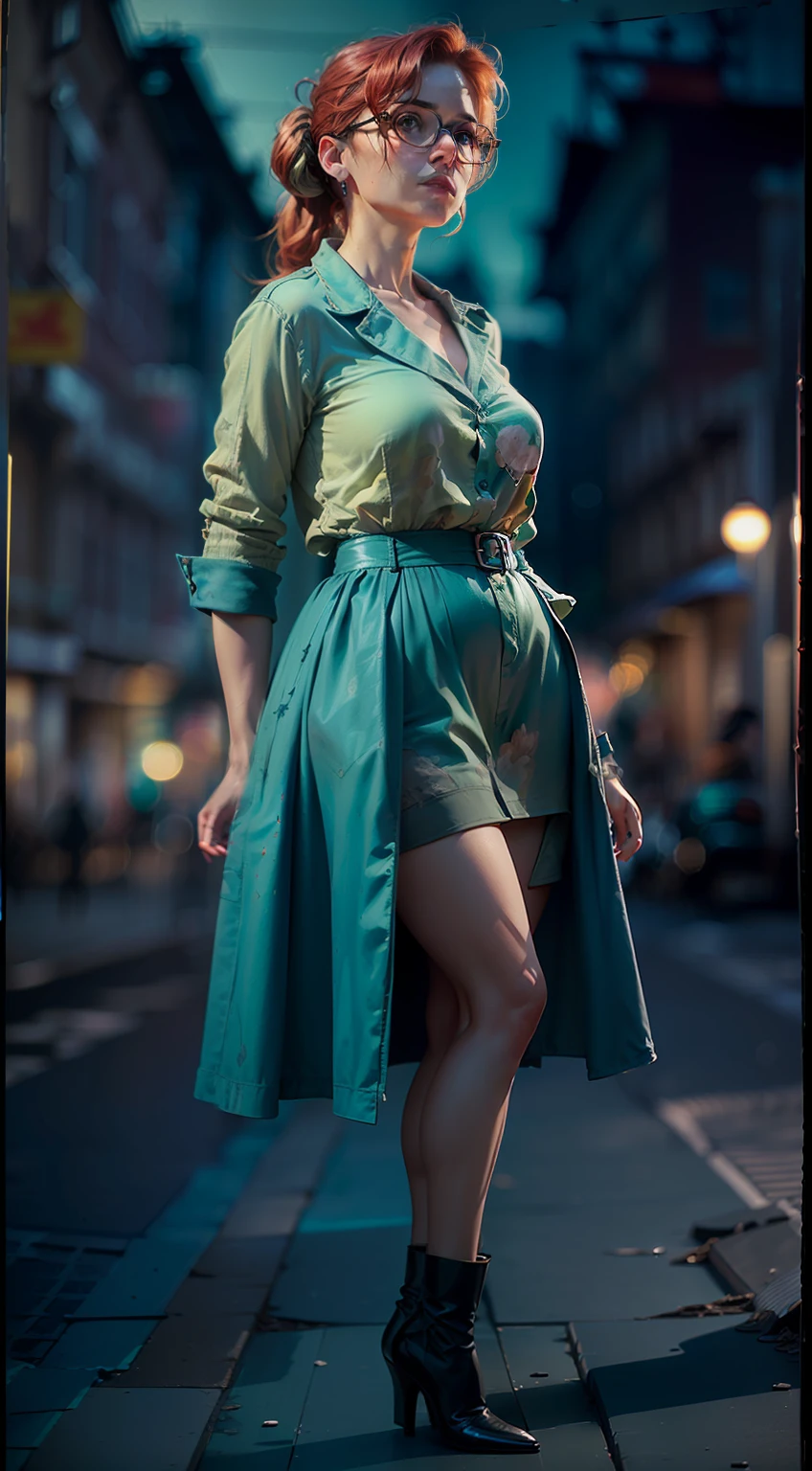 (
(Character: one irish woman, (40 years old), red hair, ponytail hair)
(Clothing: cyan vintage clothes, glasses, long high heels boots)
(Pose: full body shot:1.7)
(Posing against a city street at night)
(Abstract colors, texture, film grain, analog style, cinematic movie still frame, green color scheme)
(Style: ((masterpiece:1.5)), (face detailed), photo-realistic:1.3, hyperrealistic, film grain, realistic lighting, backlighting:1.3)
)