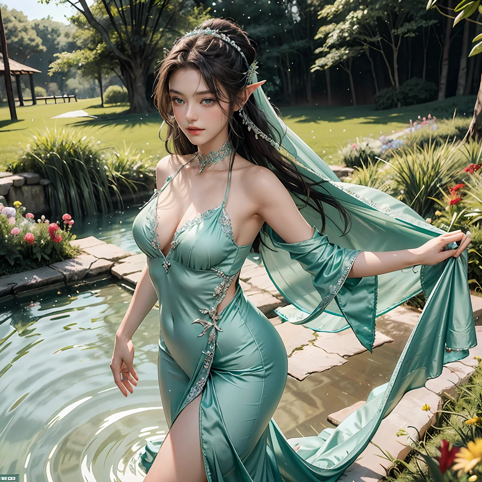 She stood amidst a bed of wildflowers, a vision of beauty and grace. Her graceful figure was draped in emerald silk, and her hair gleamed with a silver headband. Her eyes were pools of the purest sapphire, and her skin was like porcelain. Delicate pointed ears shone in the light, and her smile was a miracle, a memory that could not be forgotten.