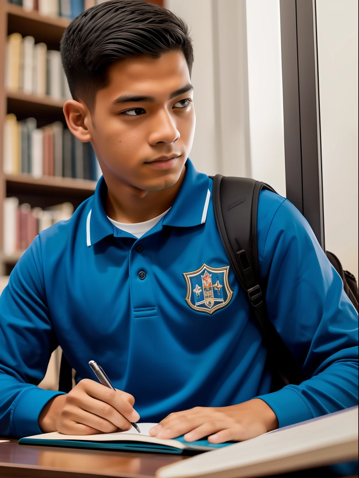 Foto RAW, uma foto retrato de 55,Um 1jovem estudante ((public school)), sentado em sua mesa em casa, Using your computer with determination to study, while your school bag is by your side, symbolizing his effort and dedication to studies, pele natural, 8k UHD, alta qualidade, filmic grain, Fujifilm XT3