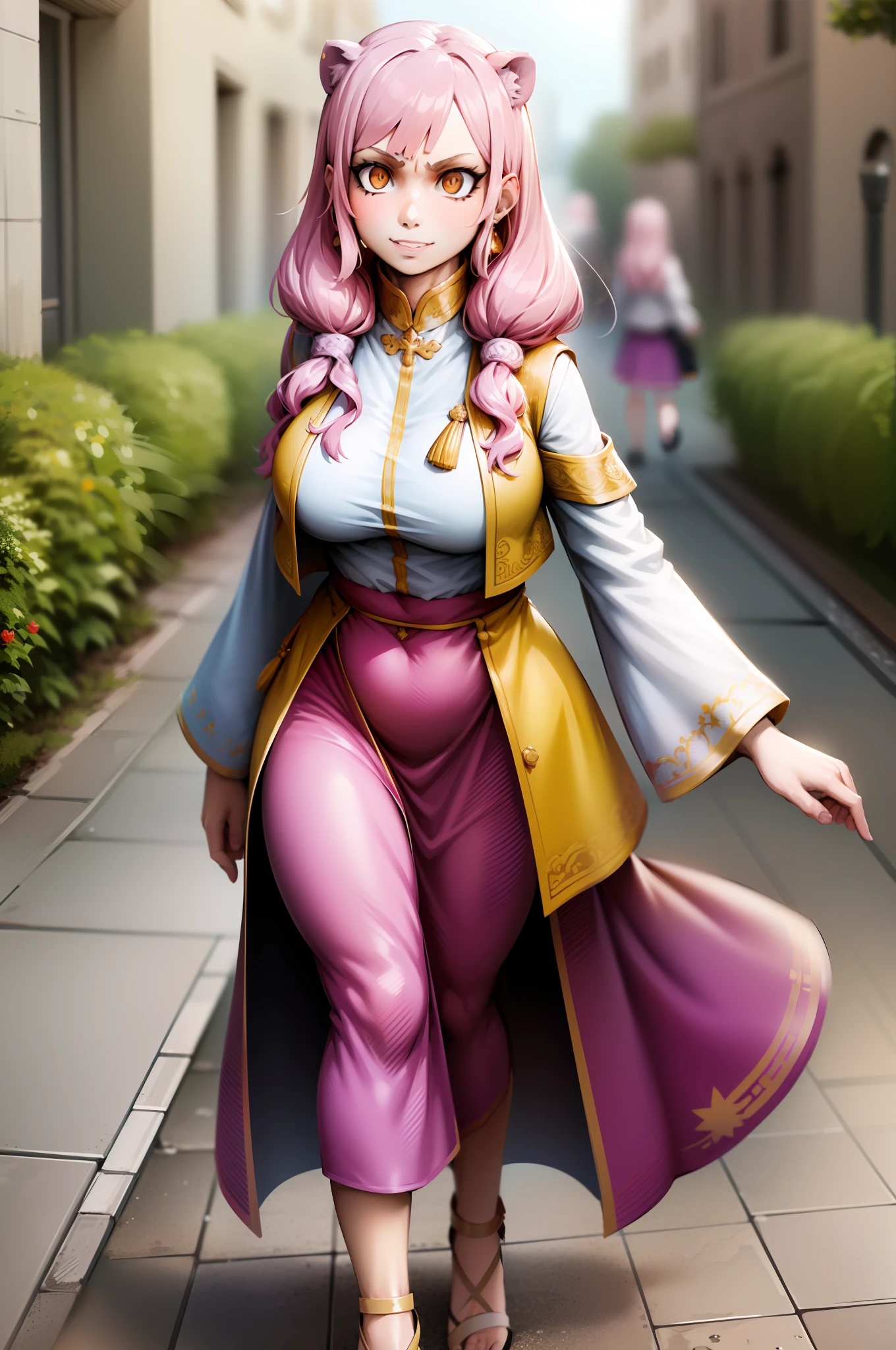 petite fille, oreilles de tigre, queues de tigre, art martial, poitrine moyenne, cheveux roses, skirt, vest, godess,1girl,coat,walking, solo focus.1character, holy catholic mountain,, goddess, fantasy, mid long skirt, smile, smug, full body, walking, flip flops