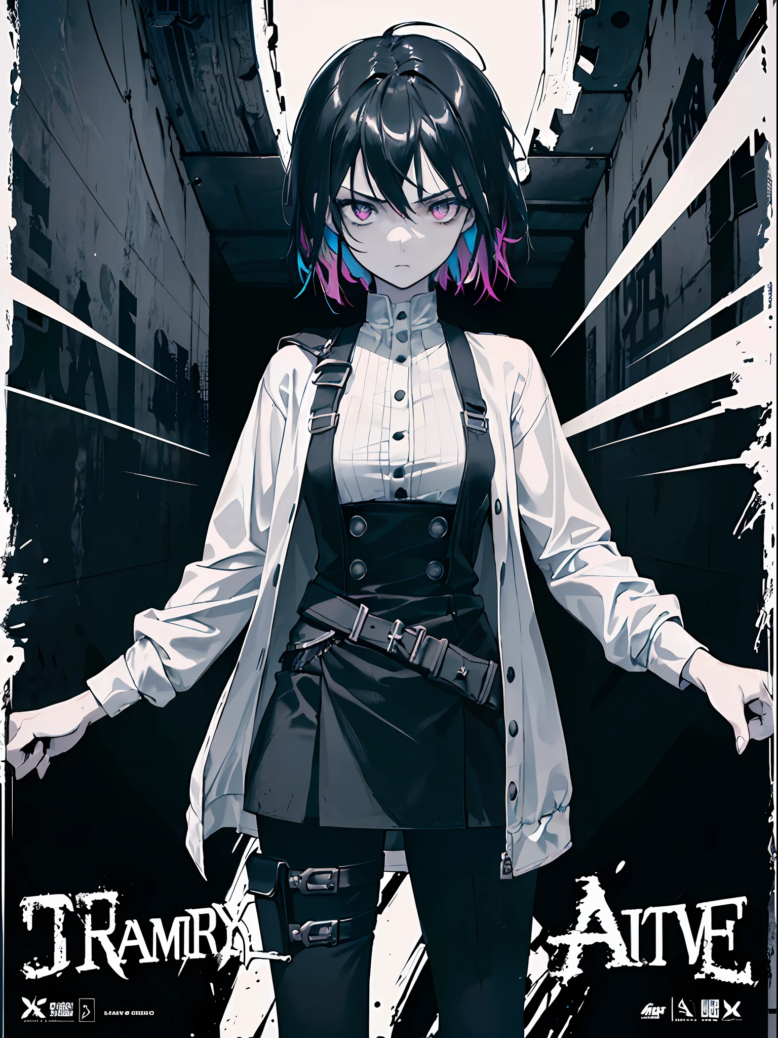 ((((dramatic))), (((gritty))), (((intense))) film poster featuring a young woman as the central character. She stands confidently in the center of the poster, wearing a stylish and edgy outfit, with a determined expression on her face. The background is dark and gritty, with a sense of danger and intensity. The text is bold and attention-grabbing, with a catchy tagline that adds to the overall feeling of drama and excitement. The color palette is mainly dark with splashes of vibrant colors, giving the poster a dynamic and visually striking appearance,tachi-e