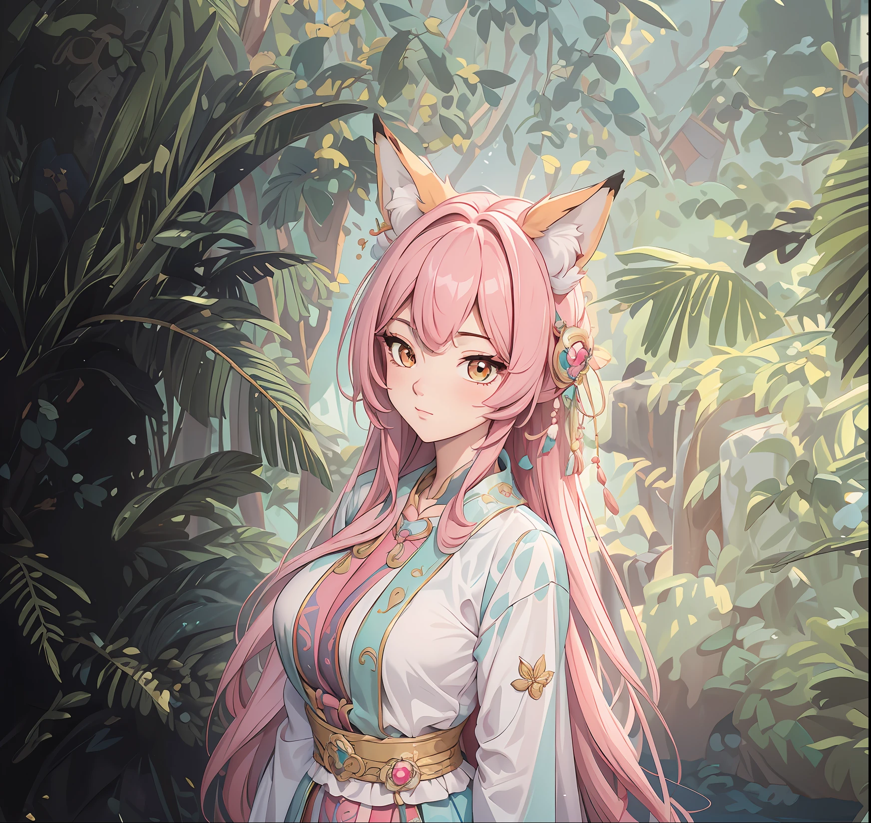 (Masterpiece:1.2, Best quality), (Very detailed face, Intricate details),Casual,，one-girl，Pink hair，a fox，Girl with fox ears，Cyan clothes，Raised sexy，depth of fields，film effect，llight rays